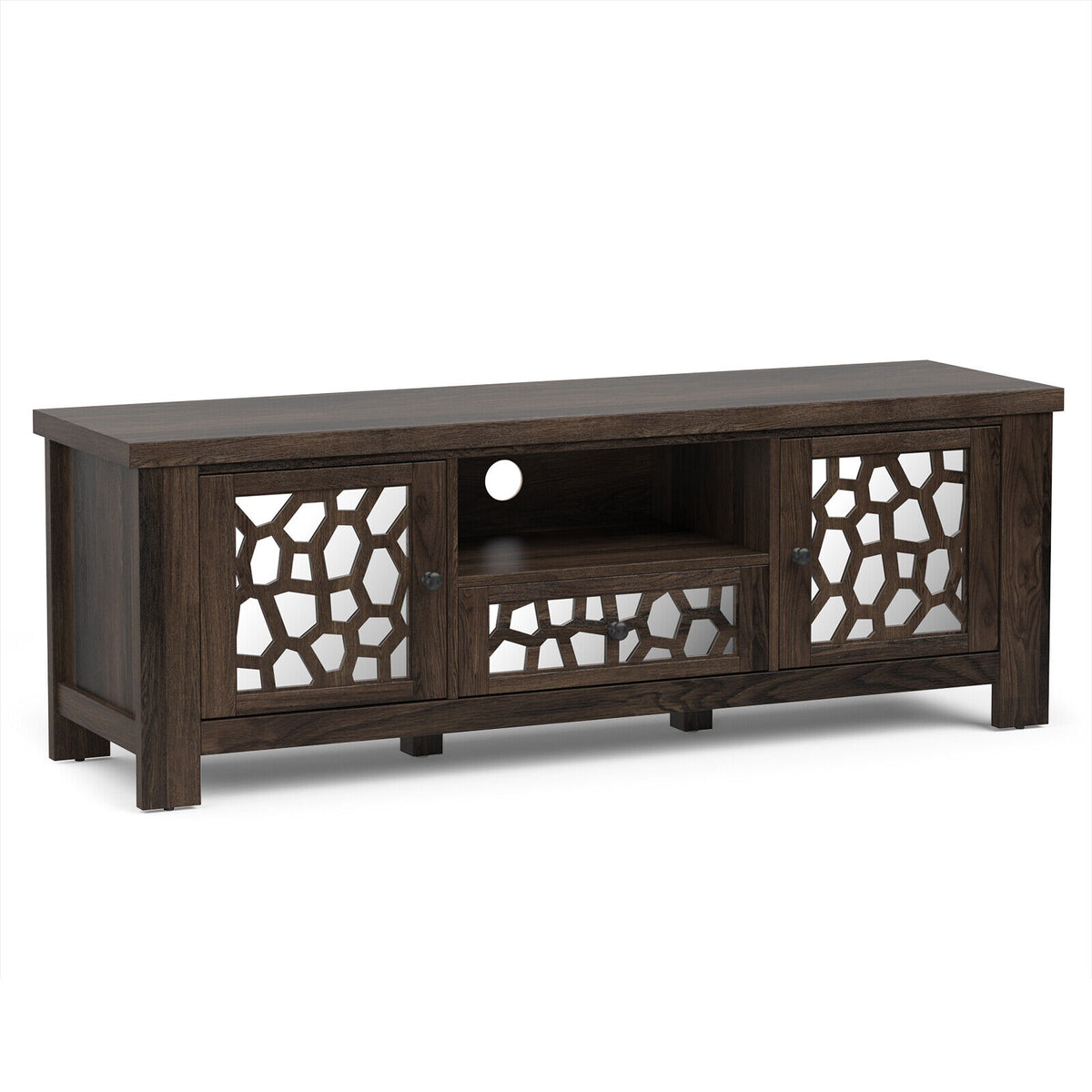55 Inch Retro TV Stand Media Entertainment Center with Mirror Doors and Drawer-Dark Brown-Entertainment Centers & TV Stands-DECOROLALA