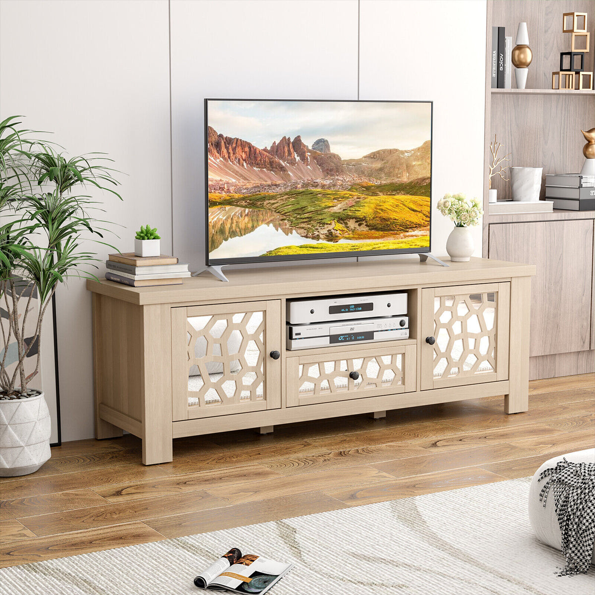 55 Inch Retro TV Stand Media Entertainment Center with Mirror Doors and Drawer-Natural-Entertainment Centers & TV Stands-DECOROLALA