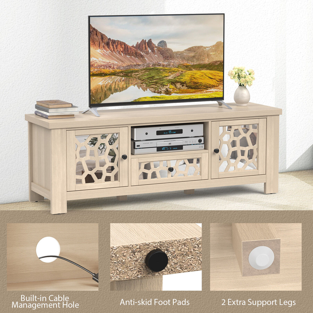 55 Inch Retro TV Stand Media Entertainment Center with Mirror Doors and Drawer-Natural-Entertainment Centers & TV Stands-DECOROLALA