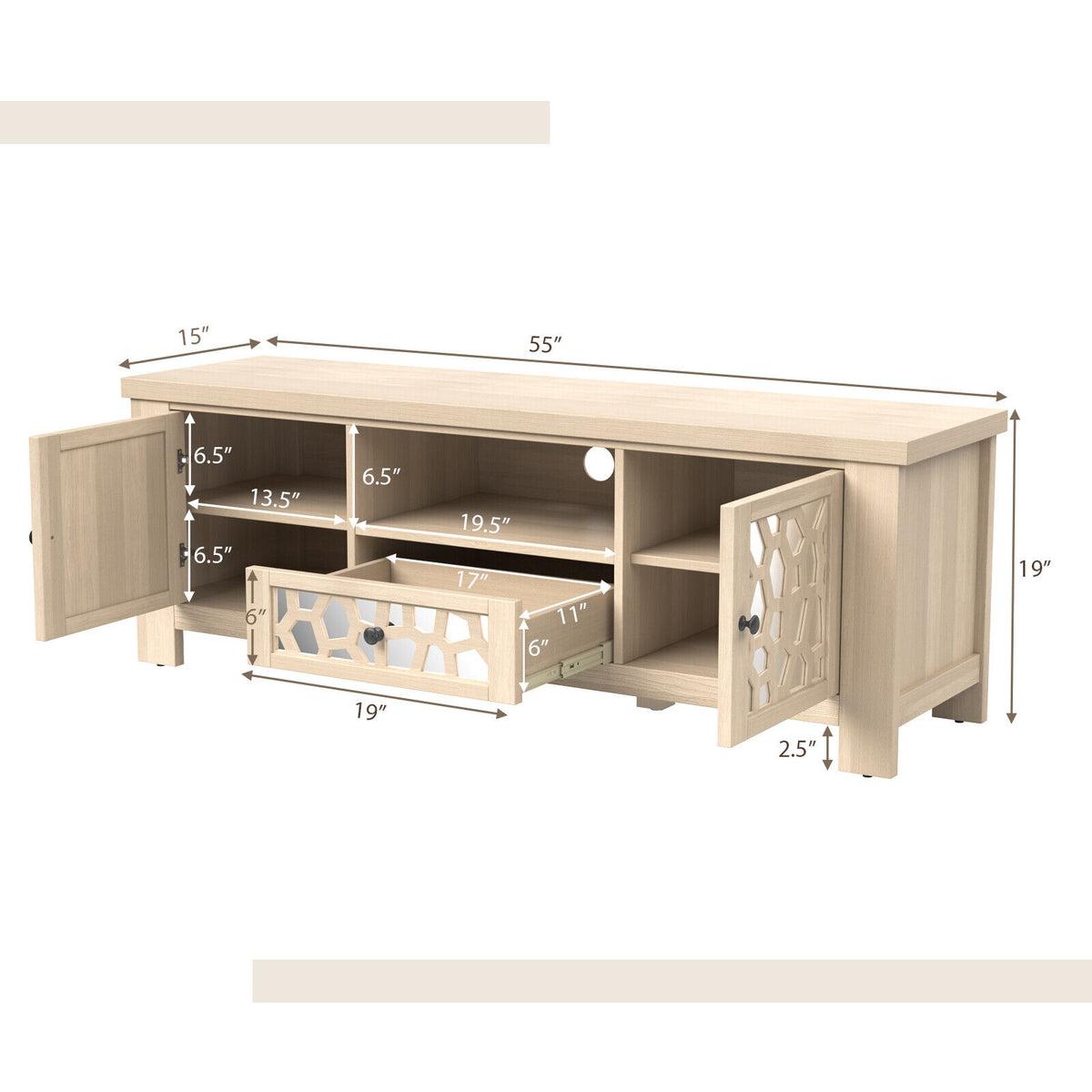 55 Inch Retro TV Stand Media Entertainment Center with Mirror Doors and Drawer-Natural-Entertainment Centers & TV Stands-DECOROLALA