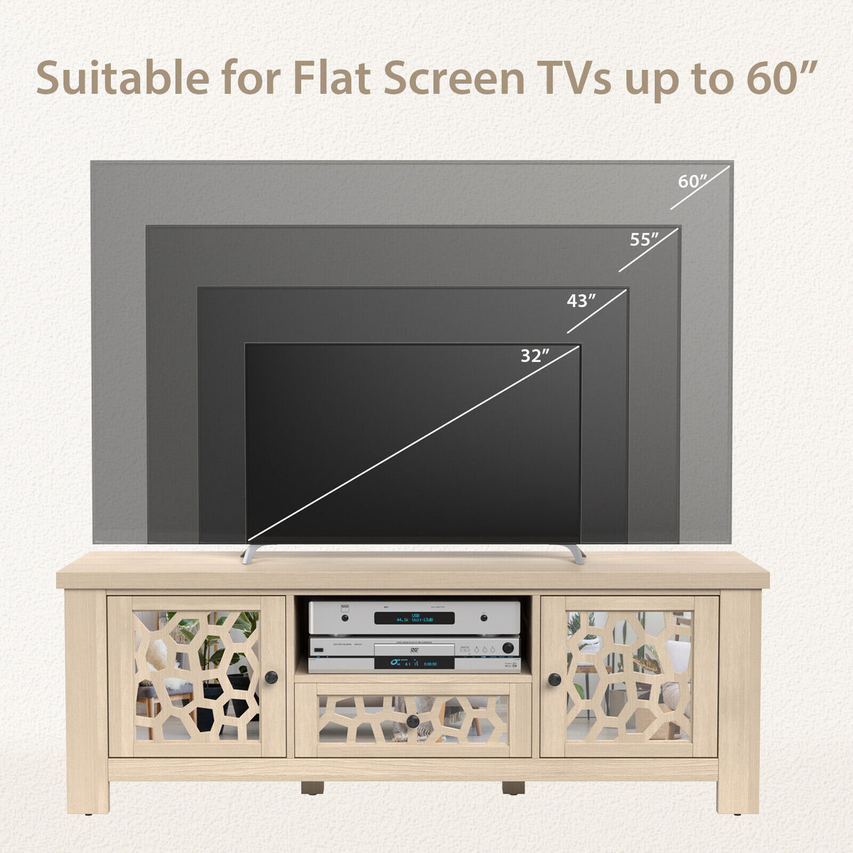 55 Inch Retro TV Stand Media Entertainment Center with Mirror Doors and Drawer-Natural-Entertainment Centers & TV Stands-DECOROLALA