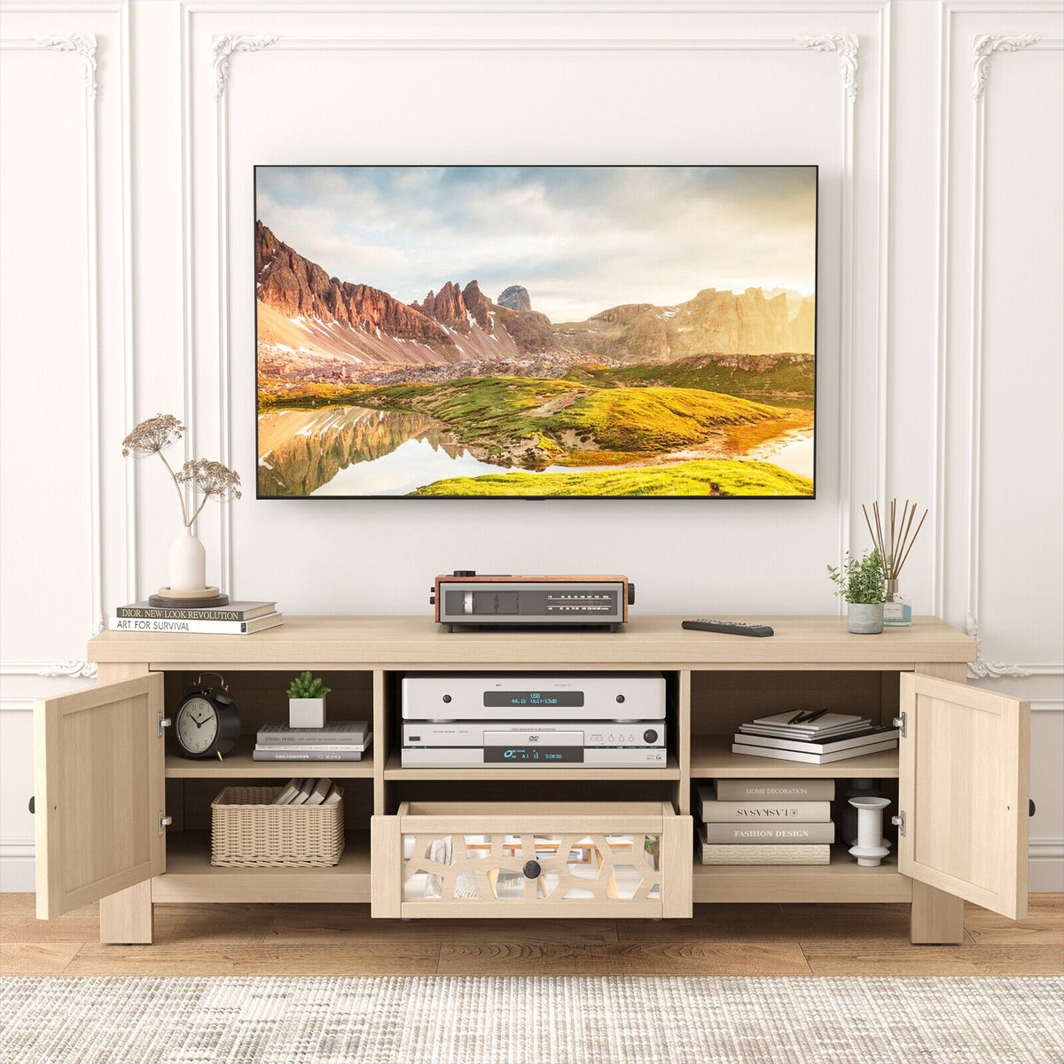 55 Inch Retro TV Stand Media Entertainment Center with Mirror Doors and Drawer-Natural-Entertainment Centers & TV Stands-DECOROLALA