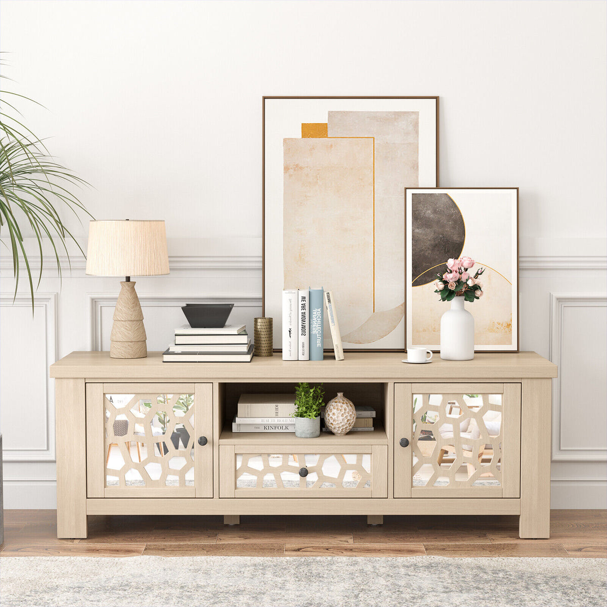 55 Inch Retro TV Stand Media Entertainment Center with Mirror Doors and Drawer-Natural-Entertainment Centers & TV Stands-DECOROLALA
