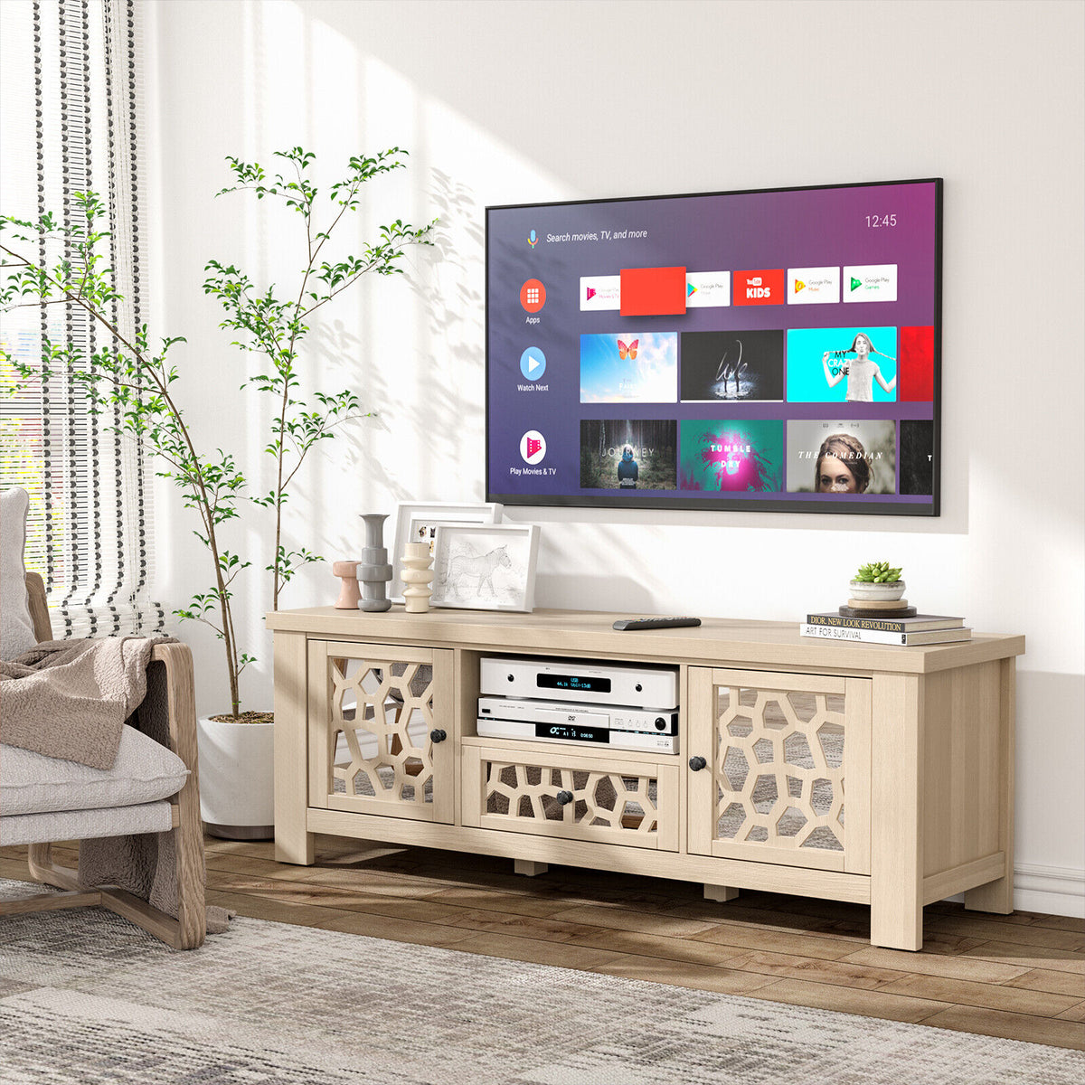 55 Inch Retro TV Stand Media Entertainment Center with Mirror Doors and Drawer-Natural-Entertainment Centers & TV Stands-DECOROLALA