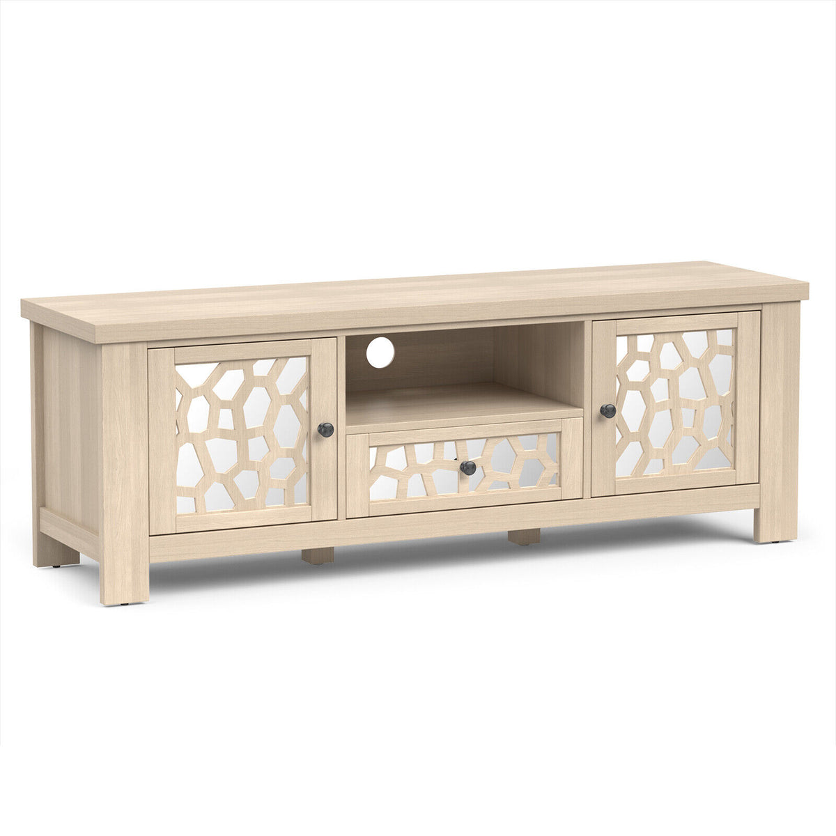 55 Inch Retro TV Stand Media Entertainment Center with Mirror Doors and Drawer-Natural-Entertainment Centers & TV Stands-DECOROLALA