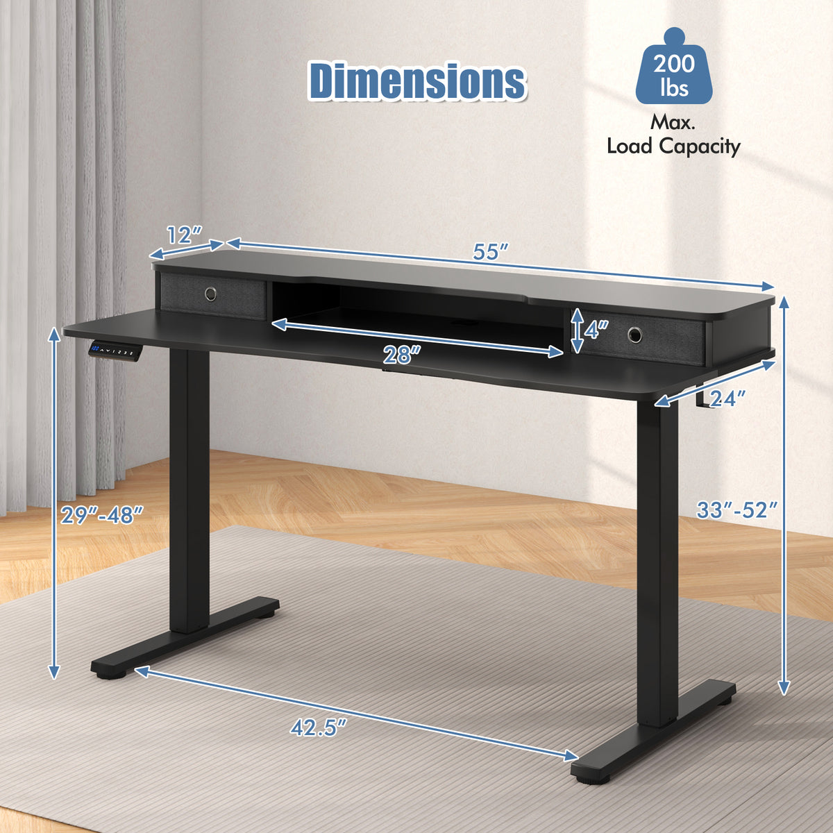 55 Inch x 24 Inch Height Adjustable Electric Standing Desk with 2 Drawers-Black-Standing Desks-DECOROLALA