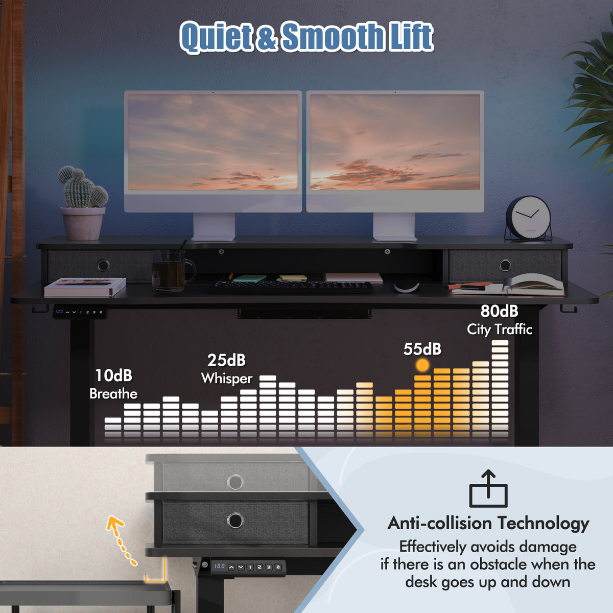 55 Inch x 24 Inch Height Adjustable Electric Standing Desk with 2 Drawers-Black-Standing Desks-DECOROLALA