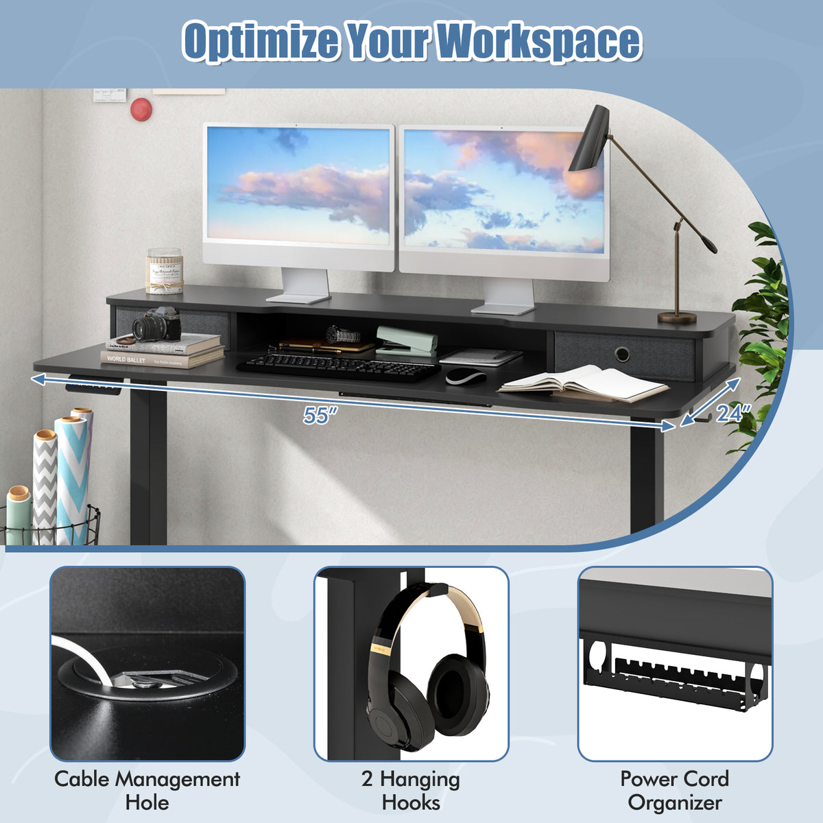 55 Inch x 24 Inch Height Adjustable Electric Standing Desk with 2 Drawers-Black-Standing Desks-DECOROLALA