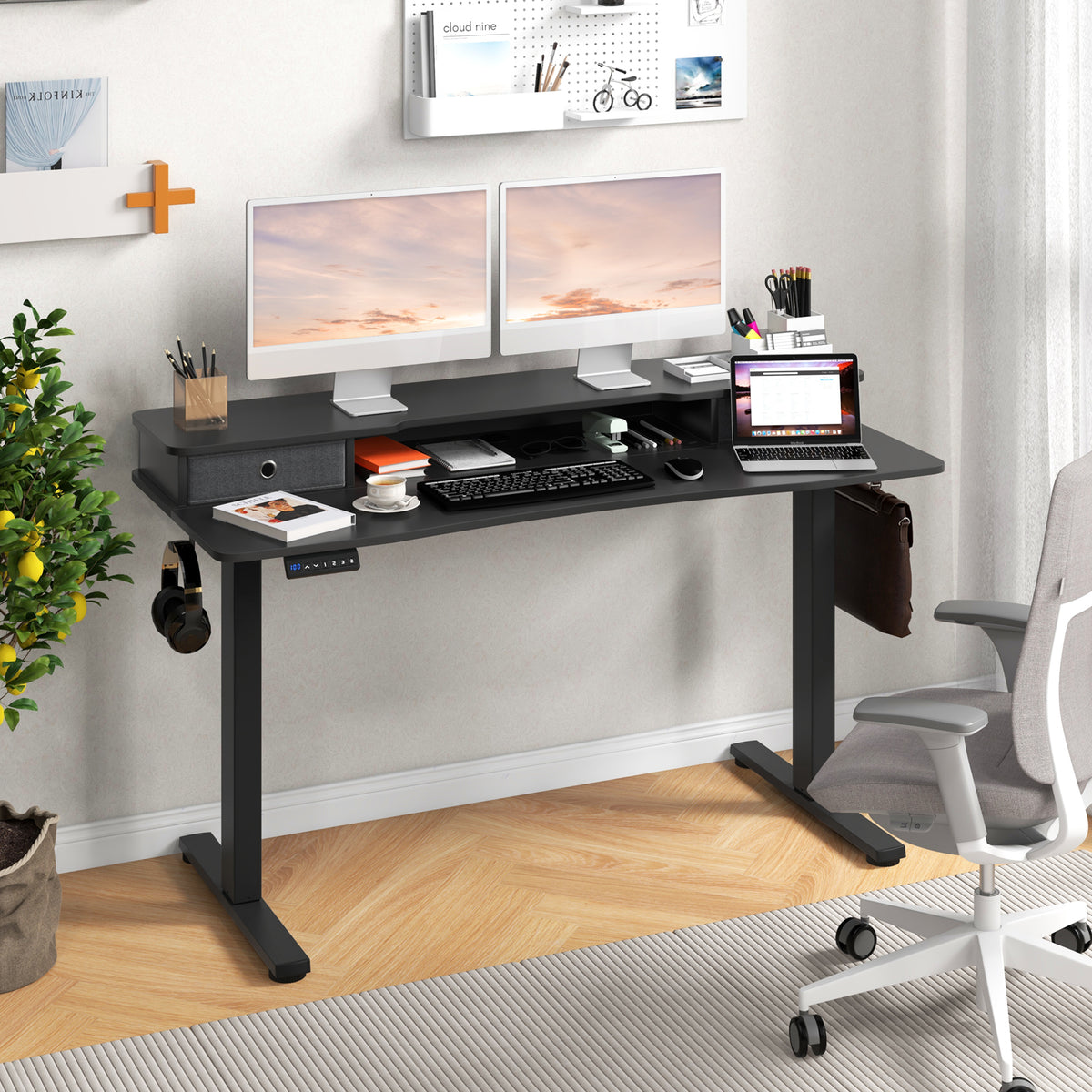 55 Inch x 24 Inch Height Adjustable Electric Standing Desk with 2 Drawers-Black-Standing Desks-DECOROLALA