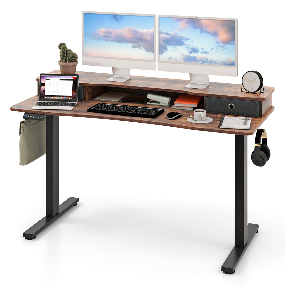 55 Inch x 24 Inch Height Adjustable Electric Standing Desk with 2 Drawers-Brown-Standing Desks-DECOROLALA