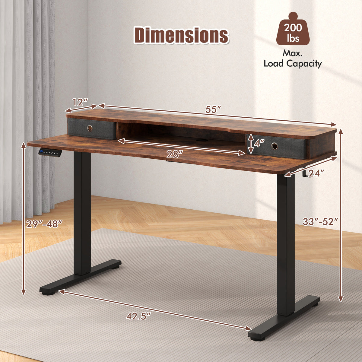 55 Inch x 24 Inch Height Adjustable Electric Standing Desk with 2 Drawers-Brown-Standing Desks-DECOROLALA