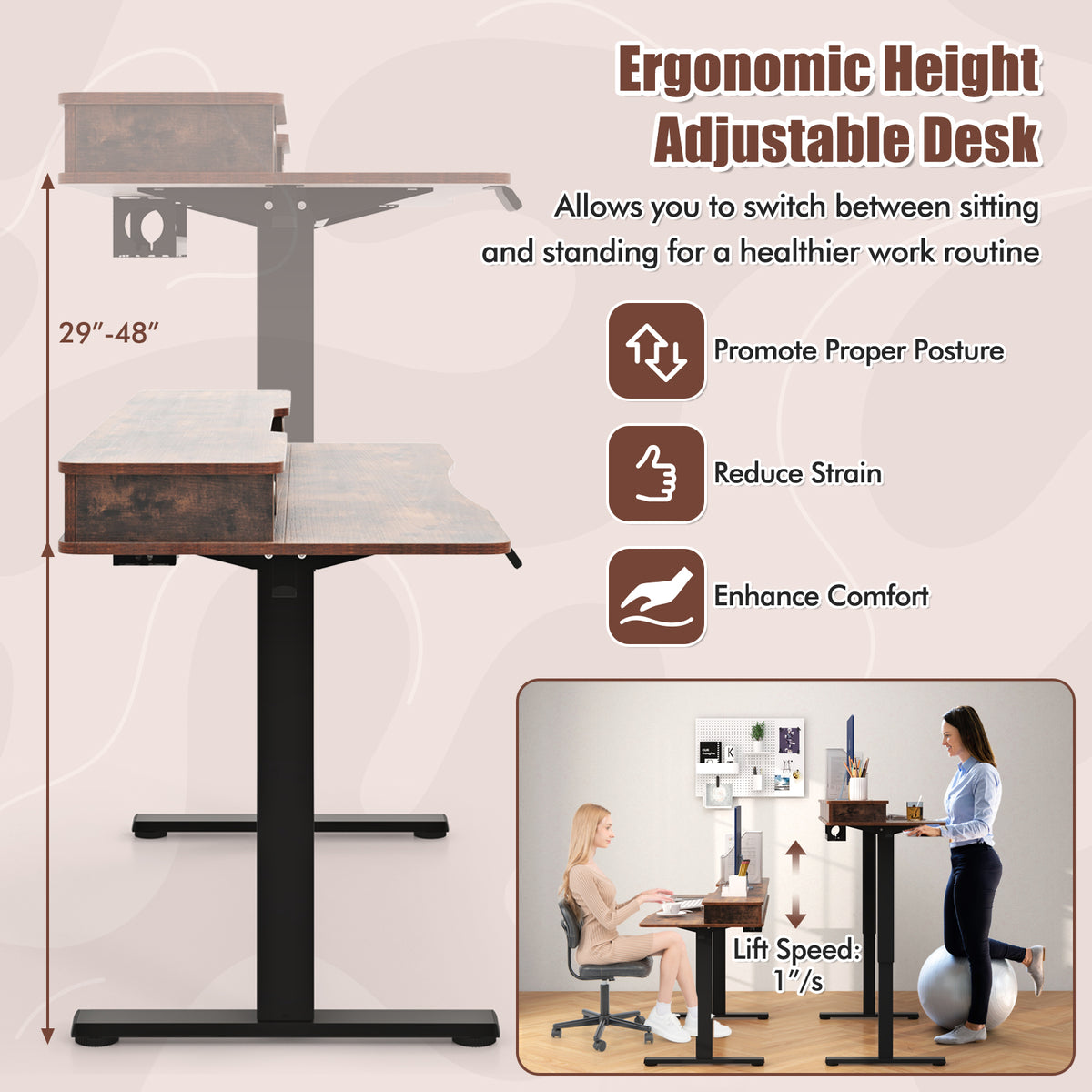 55 Inch x 24 Inch Height Adjustable Electric Standing Desk with 2 Drawers-Brown-Standing Desks-DECOROLALA