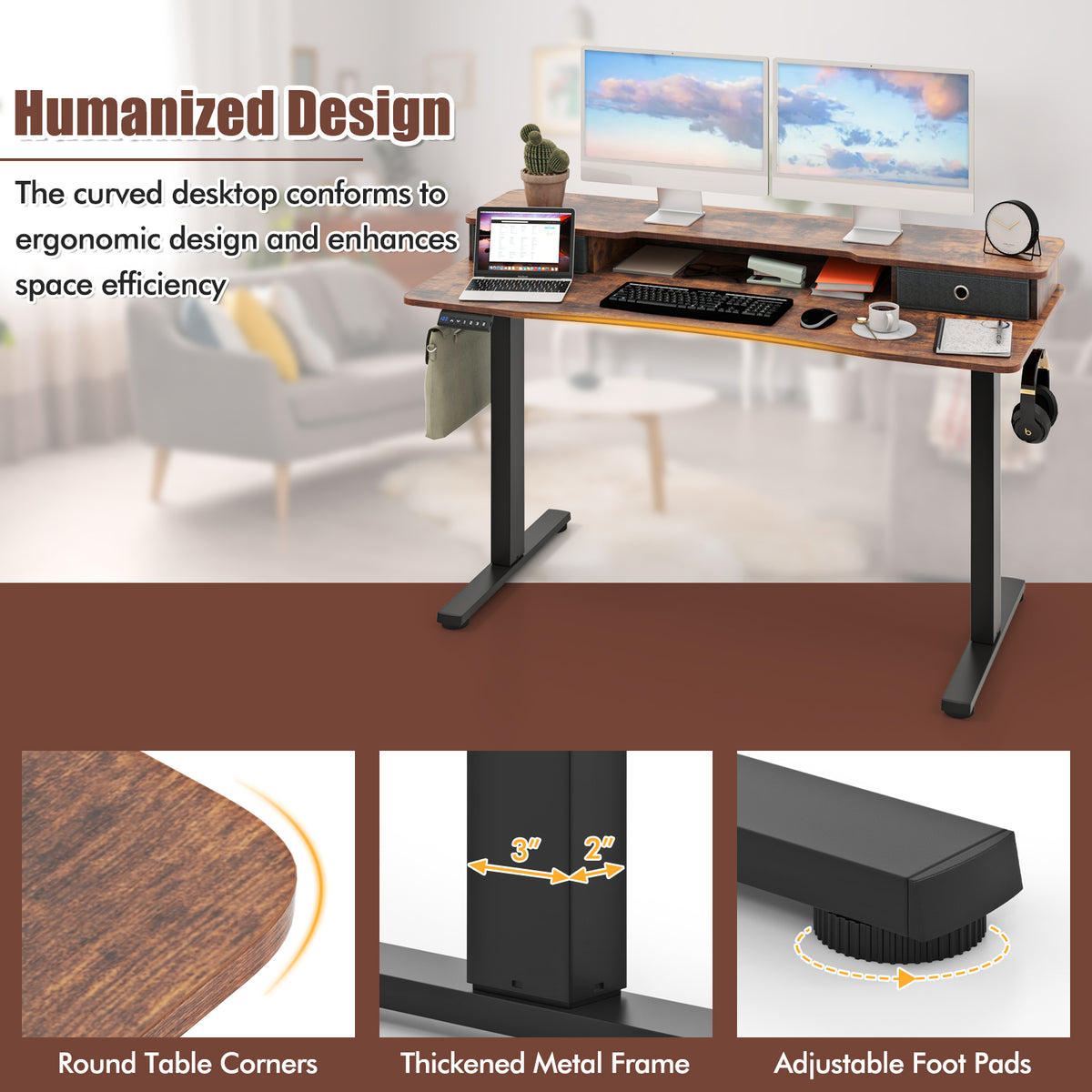 55 Inch x 24 Inch Height Adjustable Electric Standing Desk with 2 Drawers-Brown-Standing Desks-DECOROLALA