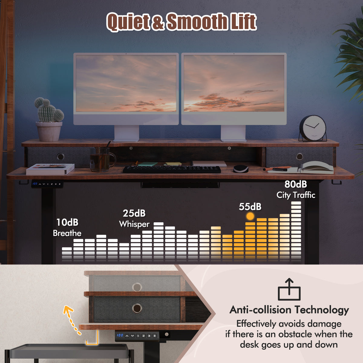 55 Inch x 24 Inch Height Adjustable Electric Standing Desk with 2 Drawers-Brown-Standing Desks-DECOROLALA