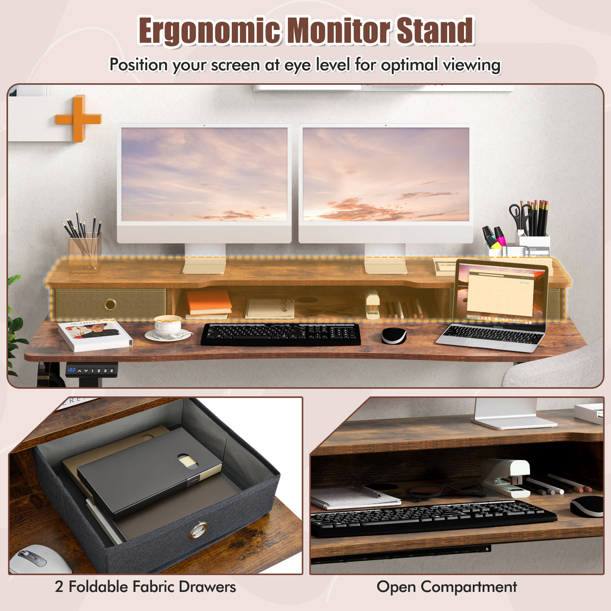 55 Inch x 24 Inch Height Adjustable Electric Standing Desk with 2 Drawers-Brown-Standing Desks-DECOROLALA