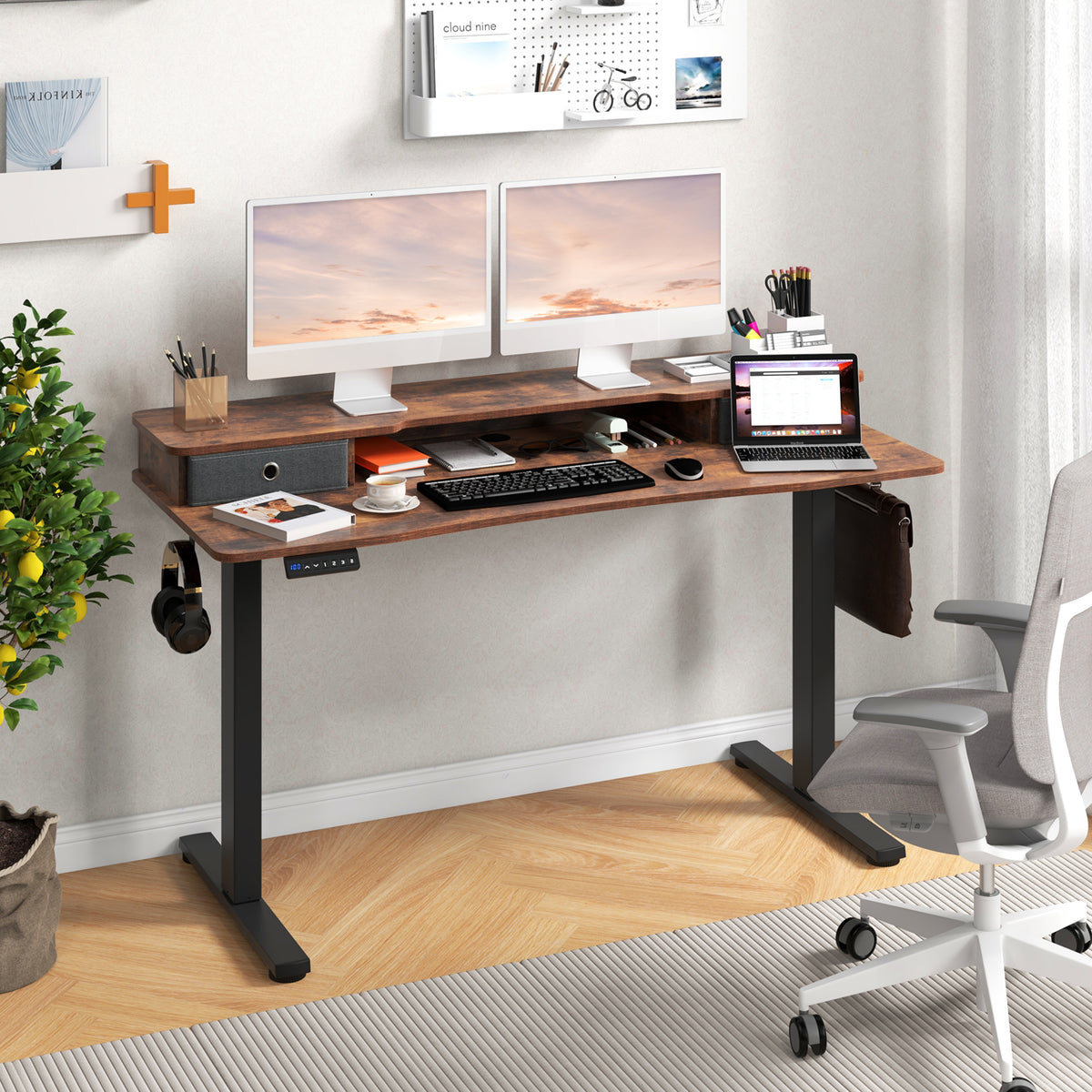 55 Inch x 24 Inch Height Adjustable Electric Standing Desk with 2 Drawers-Brown-Standing Desks-DECOROLALA