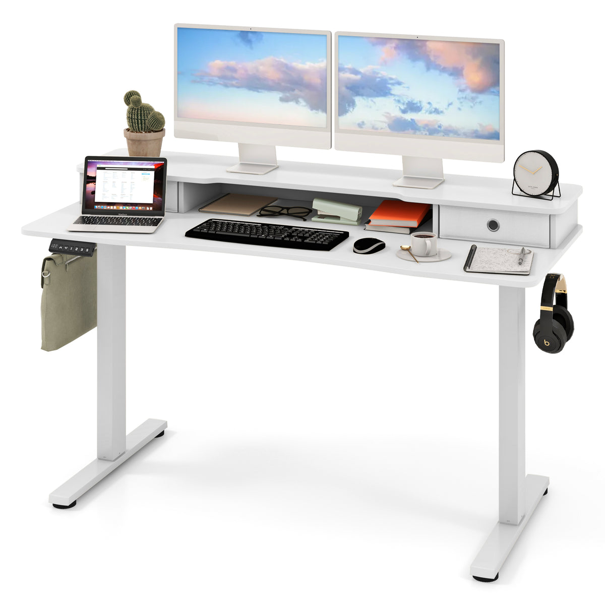 55 Inch x 24 Inch Height Adjustable Electric Standing Desk with 2 Drawers-White-Standing Desks-DECOROLALA