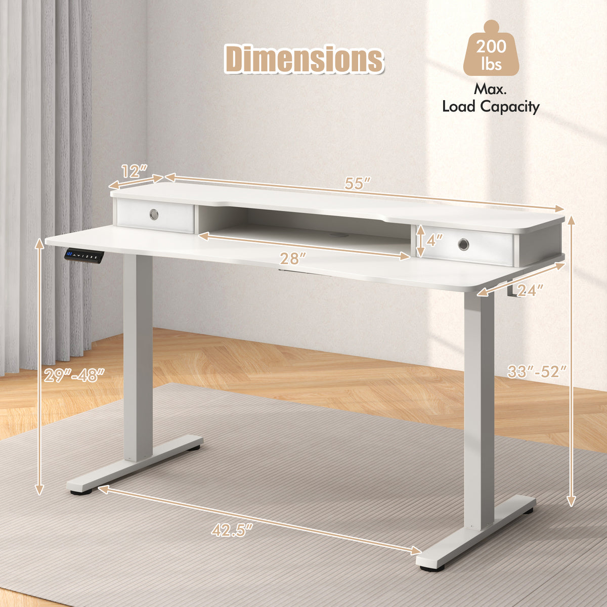 55 Inch x 24 Inch Height Adjustable Electric Standing Desk with 2 Drawers-White-Standing Desks-DECOROLALA