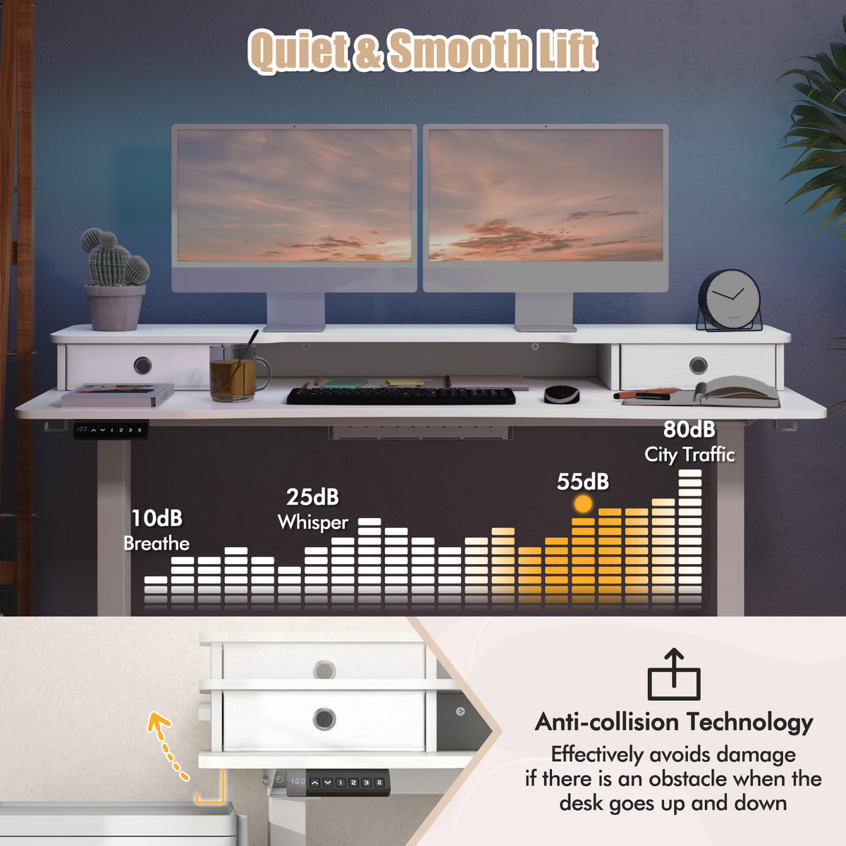 55 Inch x 24 Inch Height Adjustable Electric Standing Desk with 2 Drawers-White-Standing Desks-DECOROLALA