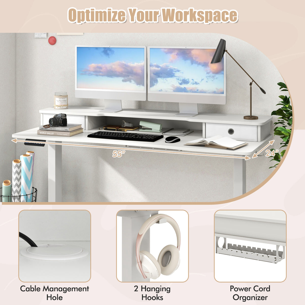 55 Inch x 24 Inch Height Adjustable Electric Standing Desk with 2 Drawers-White-Standing Desks-DECOROLALA