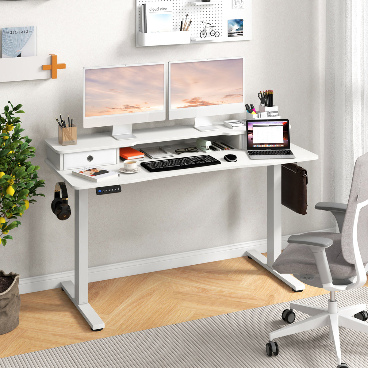 55 Inch x 24 Inch Height Adjustable Electric Standing Desk with 2 Drawers-White-Standing Desks-DECOROLALA