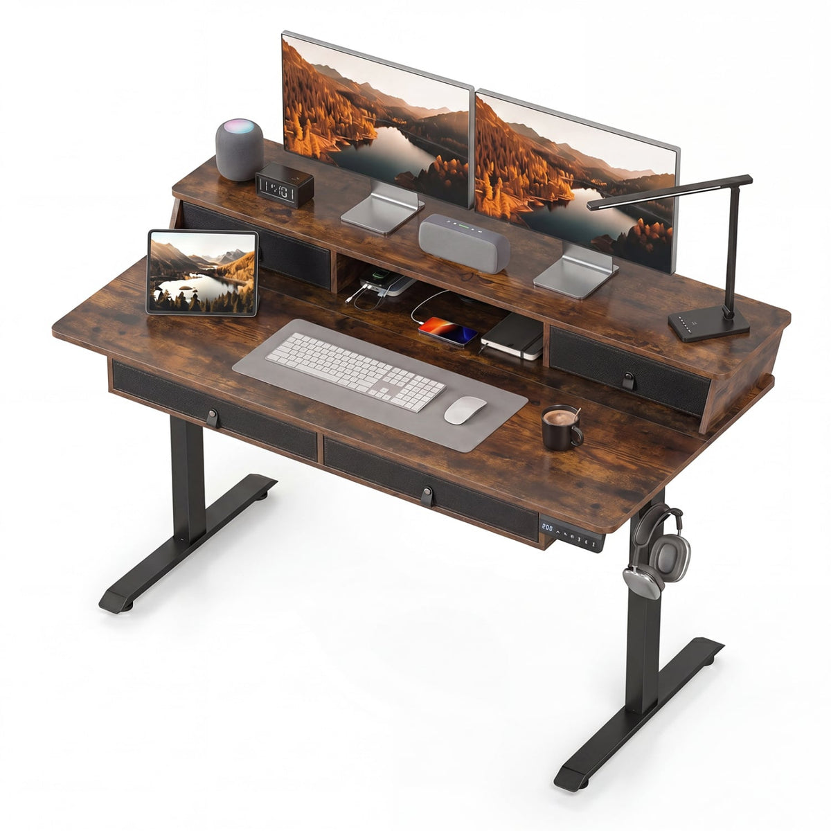 55 Inch x 27 Inch Electric Standing Desk with Drawers-Rustic Brown-Standing Desks-DECOROLALA