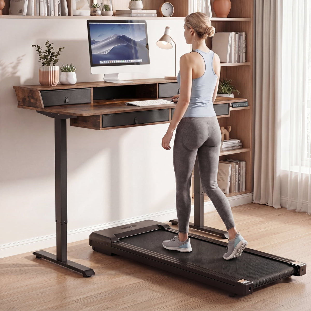 55 Inch x 27 Inch Electric Standing Desk with Drawers-Rustic Brown-Standing Desks-DECOROLALA