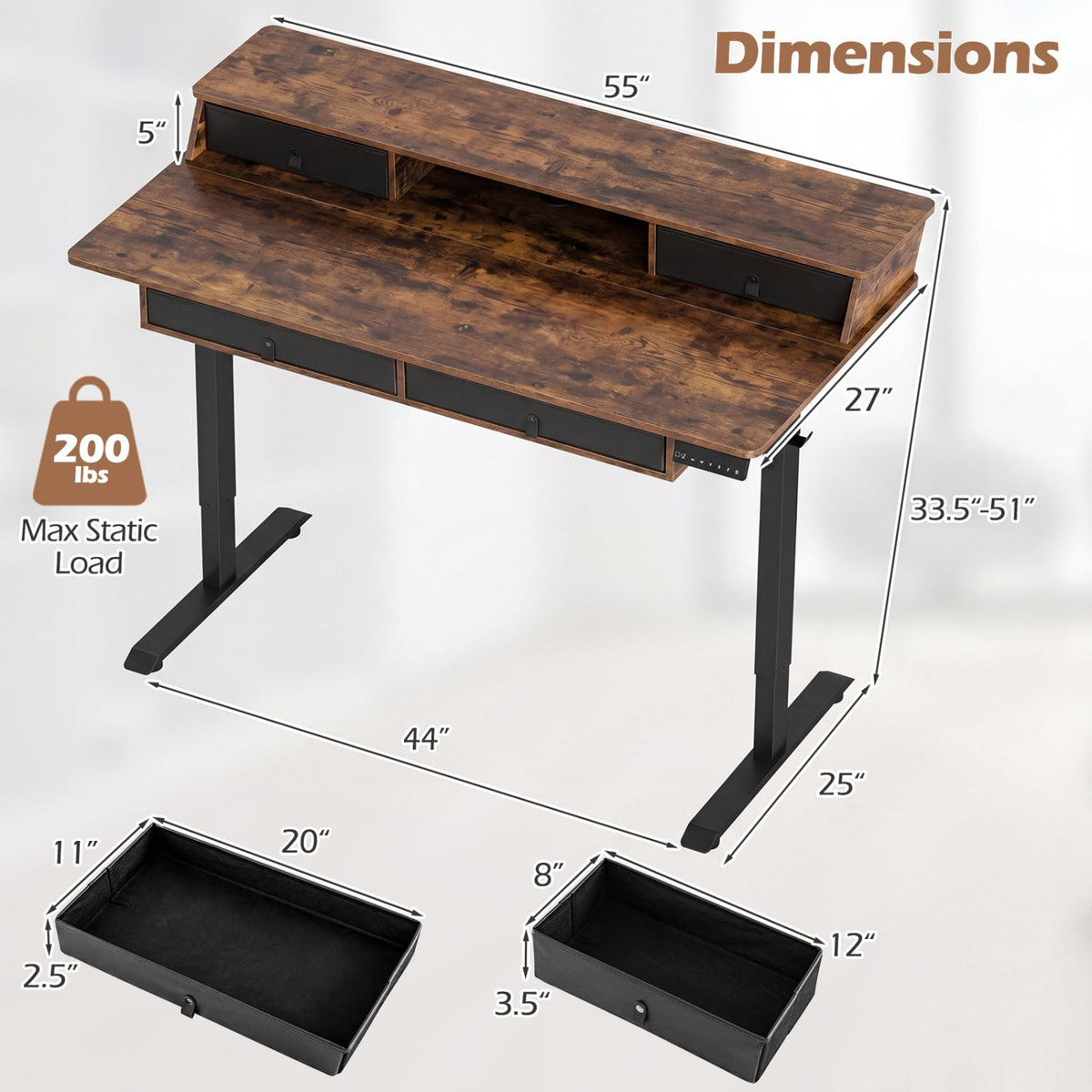 55 Inch x 27 Inch Electric Standing Desk with Drawers-Rustic Brown-Standing Desks-DECOROLALA