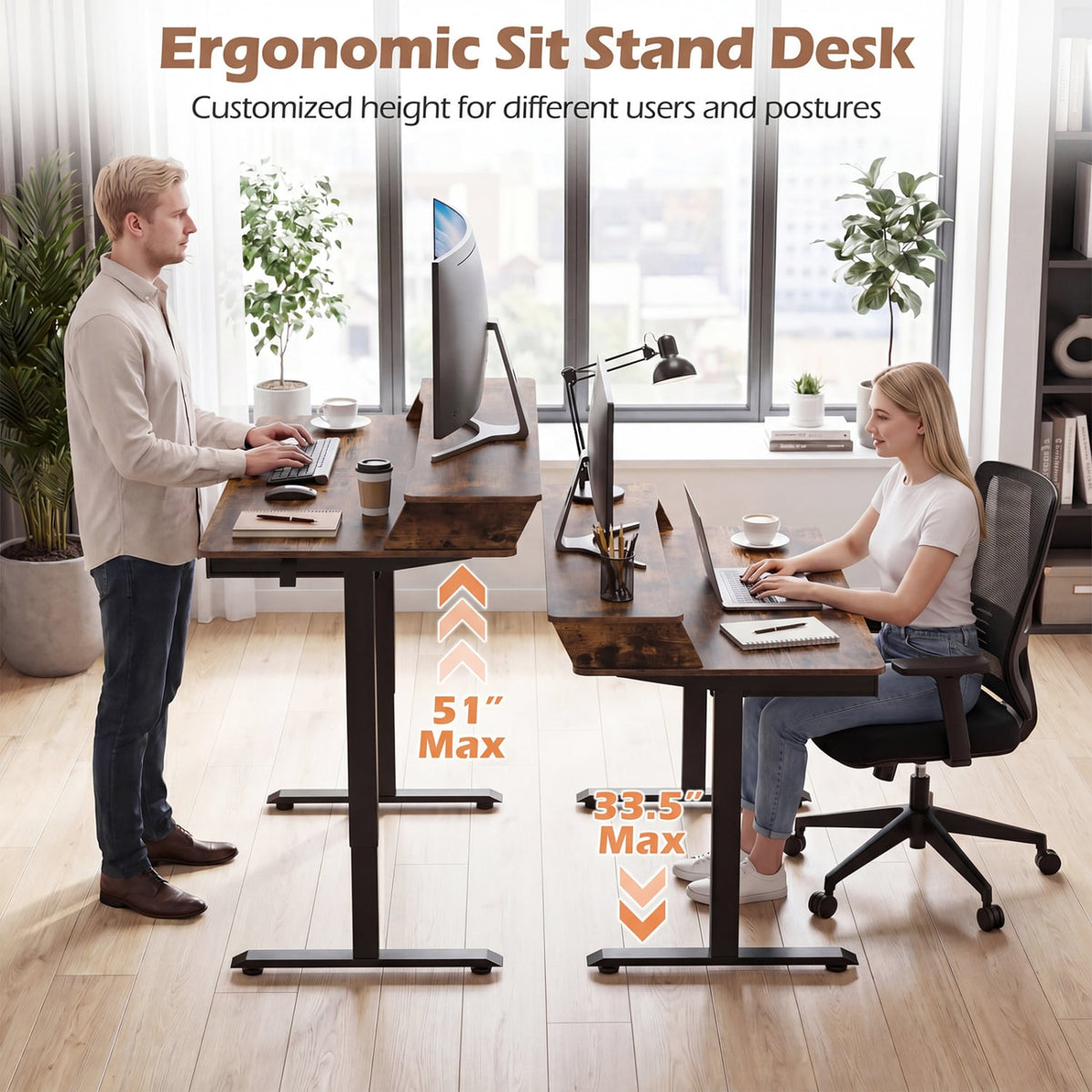 55 Inch x 27 Inch Electric Standing Desk with Drawers-Rustic Brown-Standing Desks-DECOROLALA