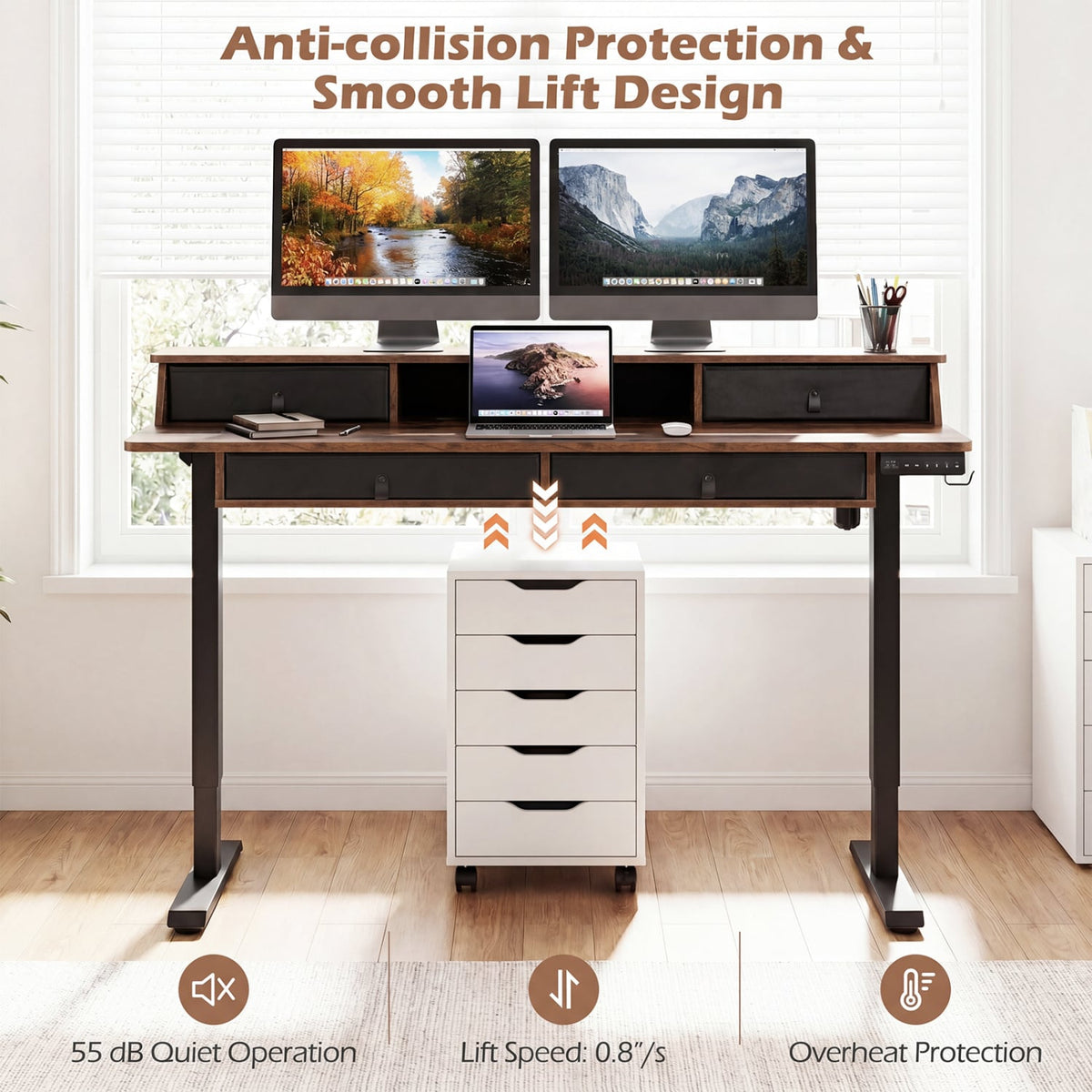 55 Inch x 27 Inch Electric Standing Desk with Drawers-Rustic Brown-Standing Desks-DECOROLALA
