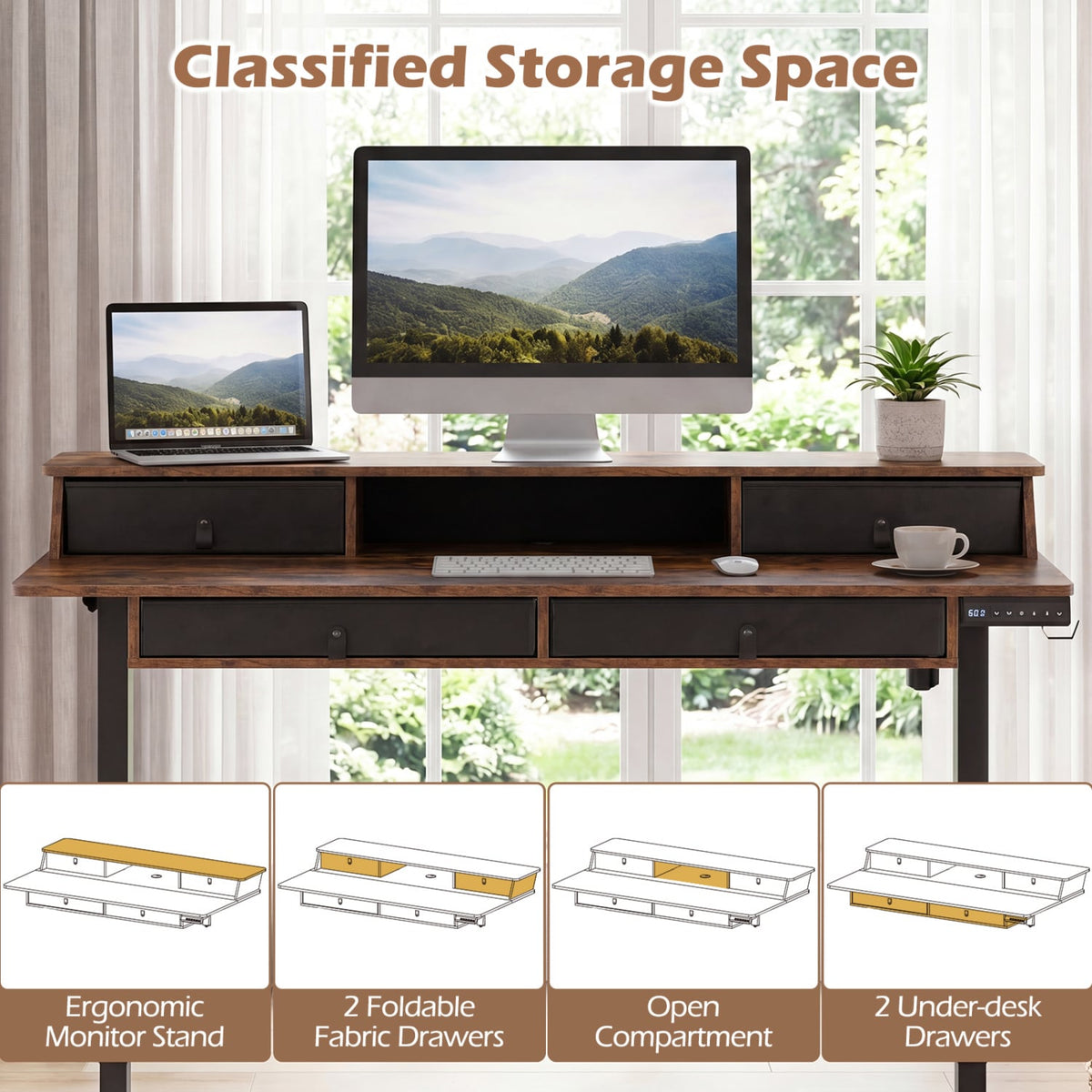 55 Inch x 27 Inch Electric Standing Desk with Drawers-Rustic Brown-Standing Desks-DECOROLALA