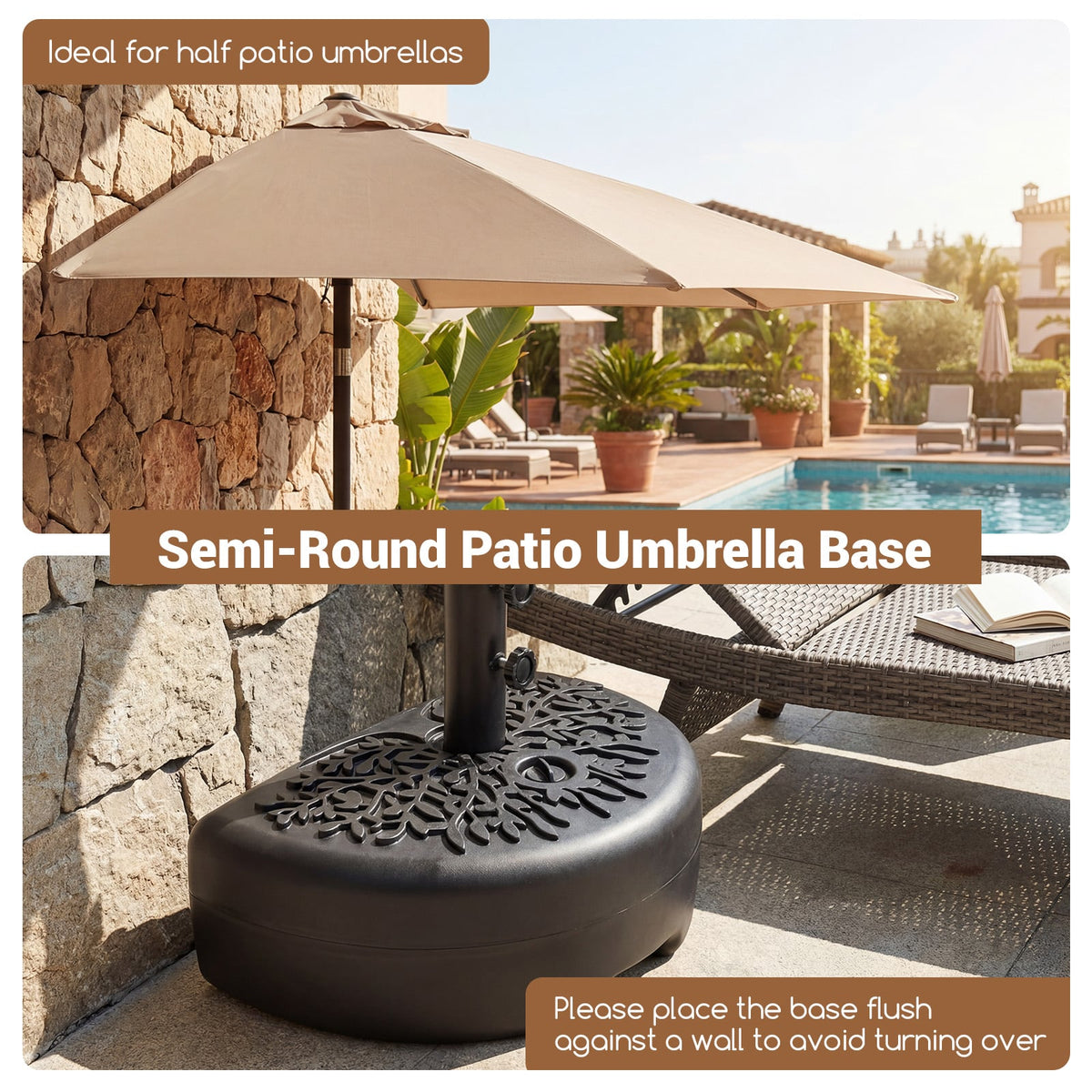 55 LBS Half Round Patio Umbrella Base for Deck Lawn Poolside-Black-Outdoor Umbrella Bases-DECOROLALA