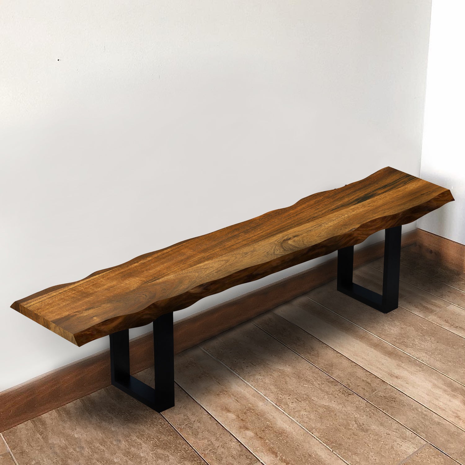 55" Live Edge Acacia Wood Bench With Black Metal Legs-Outdoor Benches-DECOROLALA