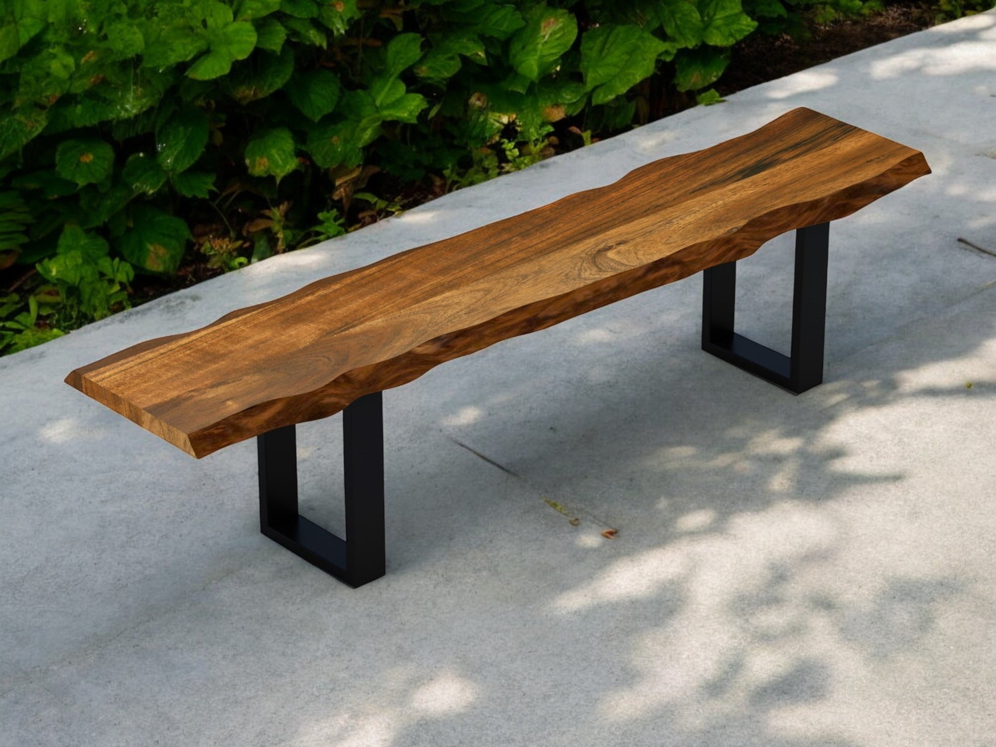55" Live Edge Acacia Wood Bench With Black Metal Legs-Outdoor Benches-DECOROLALA
