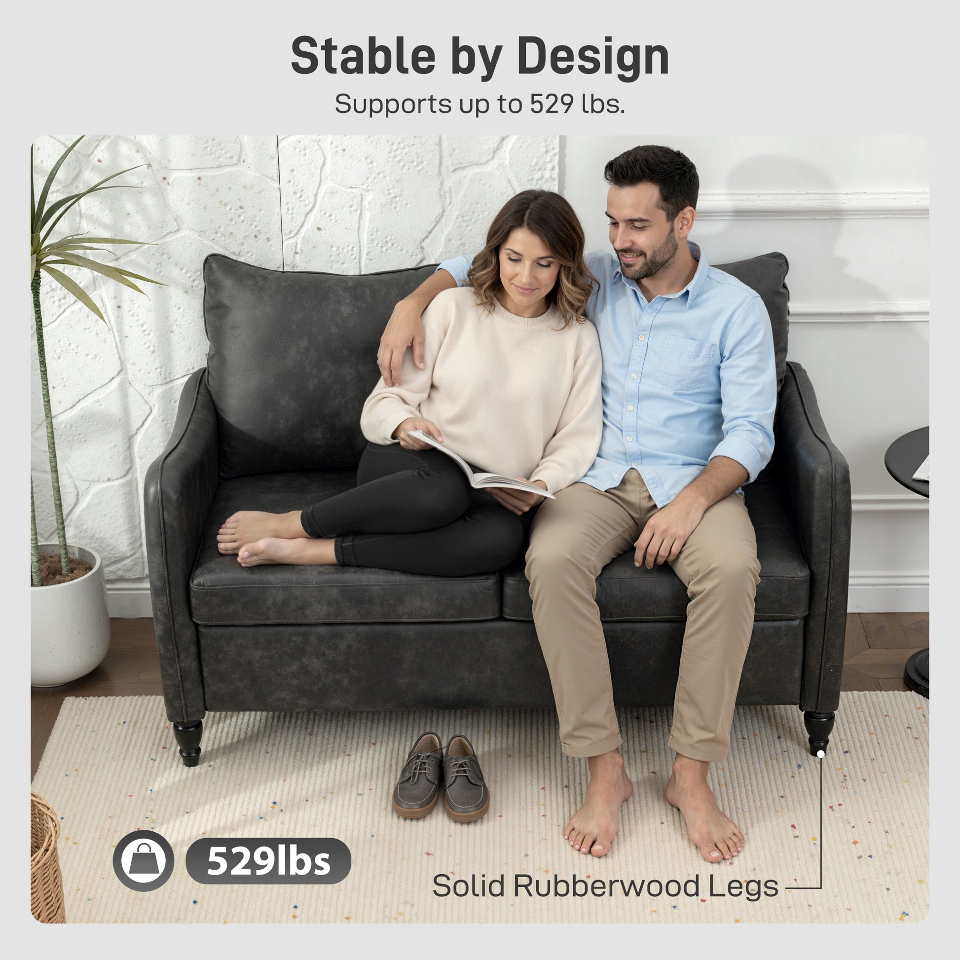 55" Loveseat Sofa Grey PU Leather-DECOROLALA