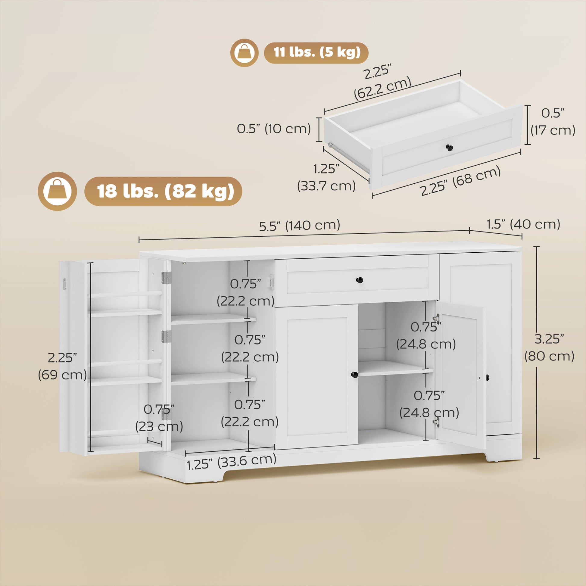 55" Modern Kitchen Sideboard Buffet Cabinet - White-DECOROLALA