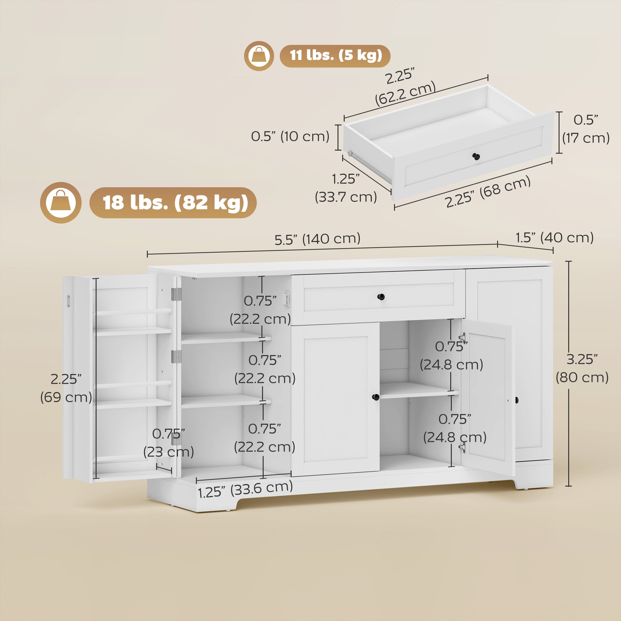 55" Modern Kitchen Sideboard Buffet Cabinet - White-DECOROLALA