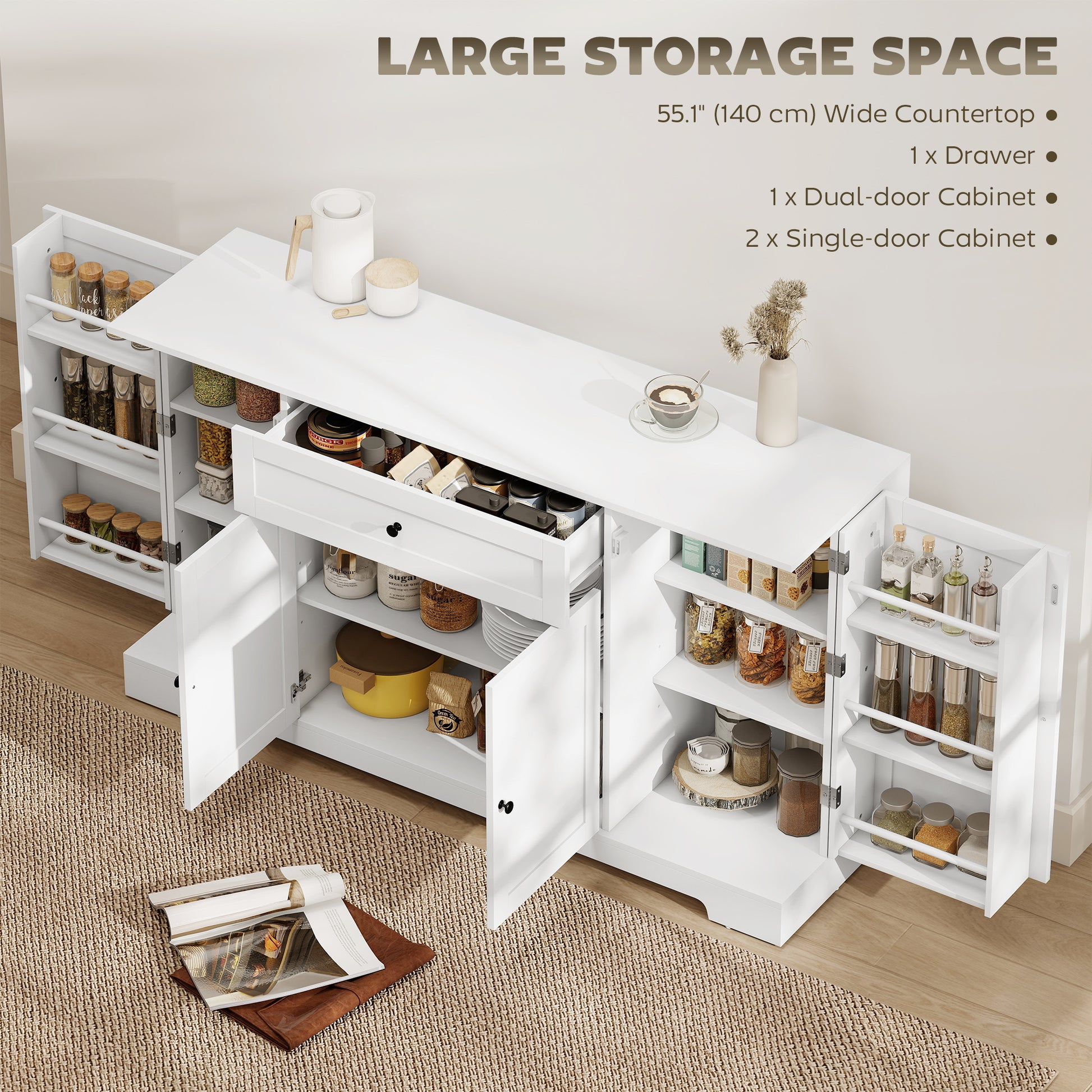 55" Modern Kitchen Sideboard Buffet Cabinet - White-DECOROLALA