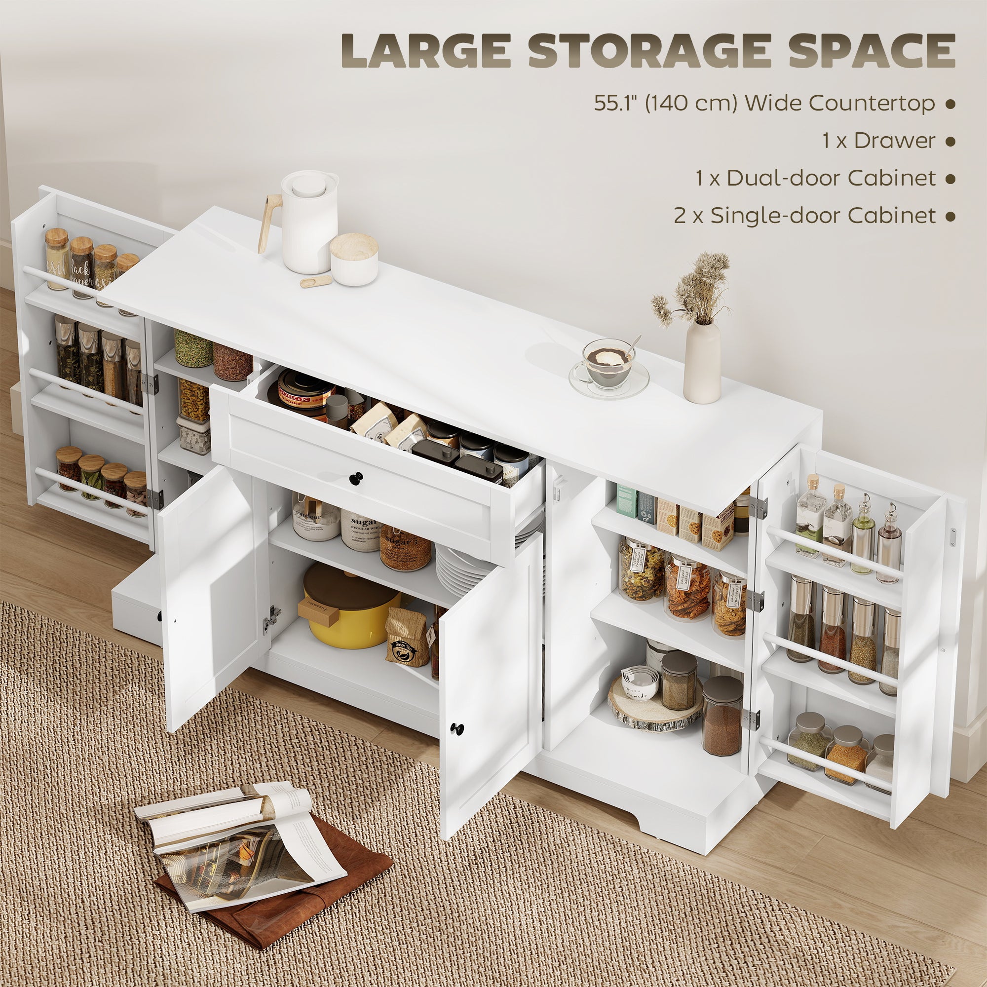 55" Modern Kitchen Sideboard Buffet Cabinet - White-DECOROLALA