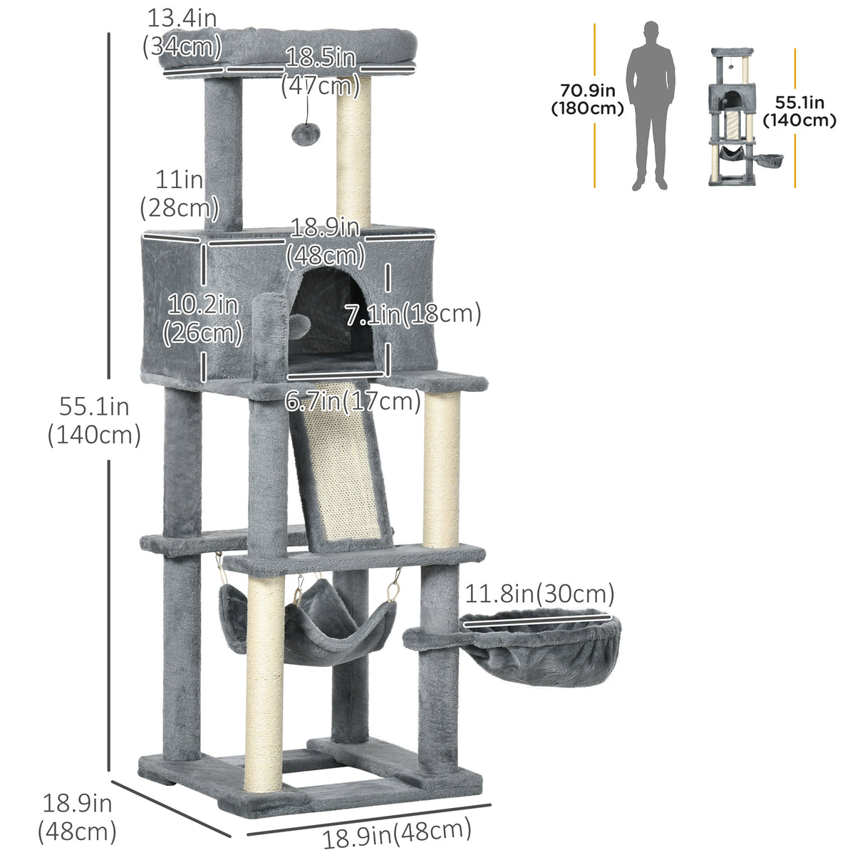55" Multi-Level Cat Tree with Condo and Scratching Posts - Grey-Cats-DECOROLALA