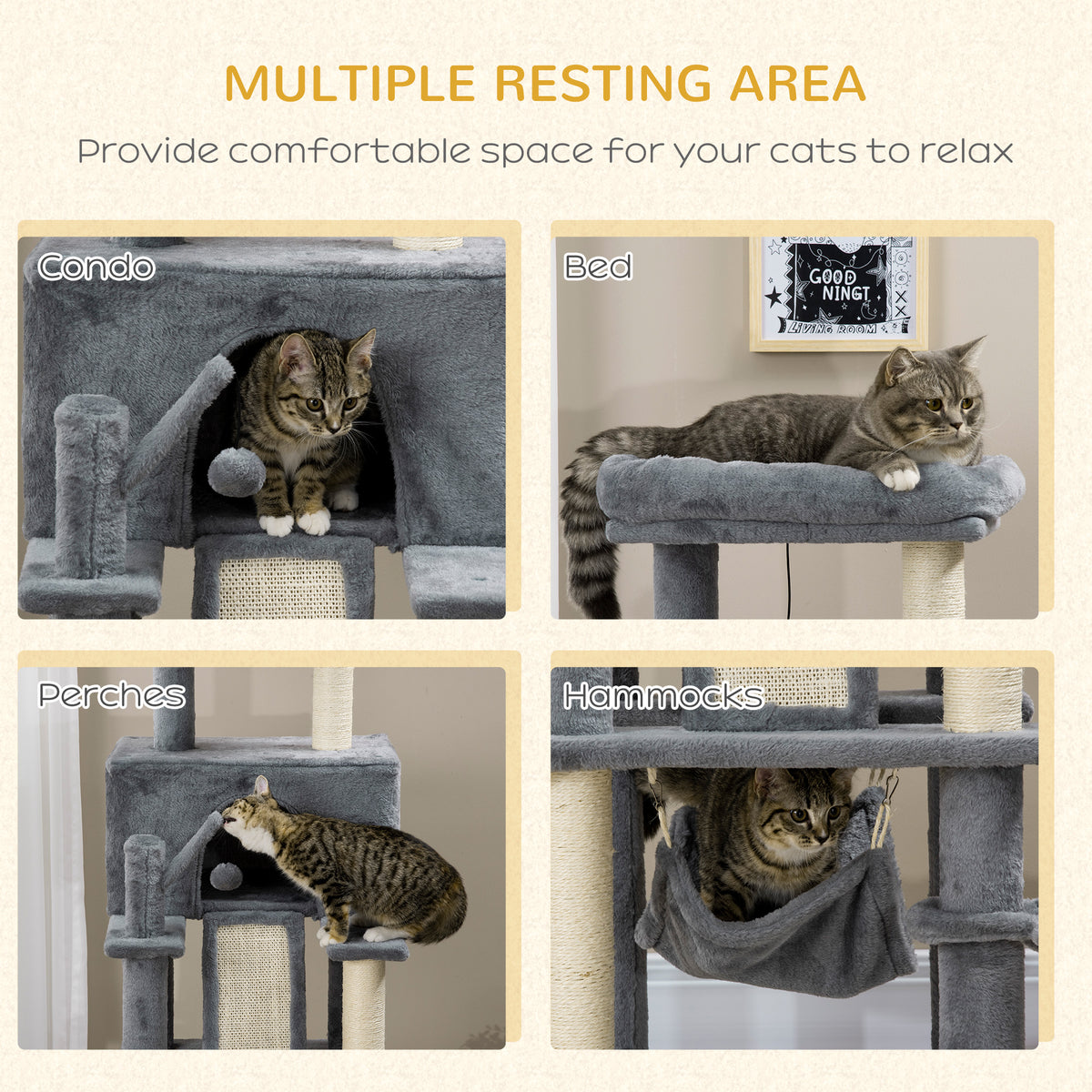 55" Multi-Level Cat Tree with Condo and Scratching Posts - Grey-Cats-DECOROLALA