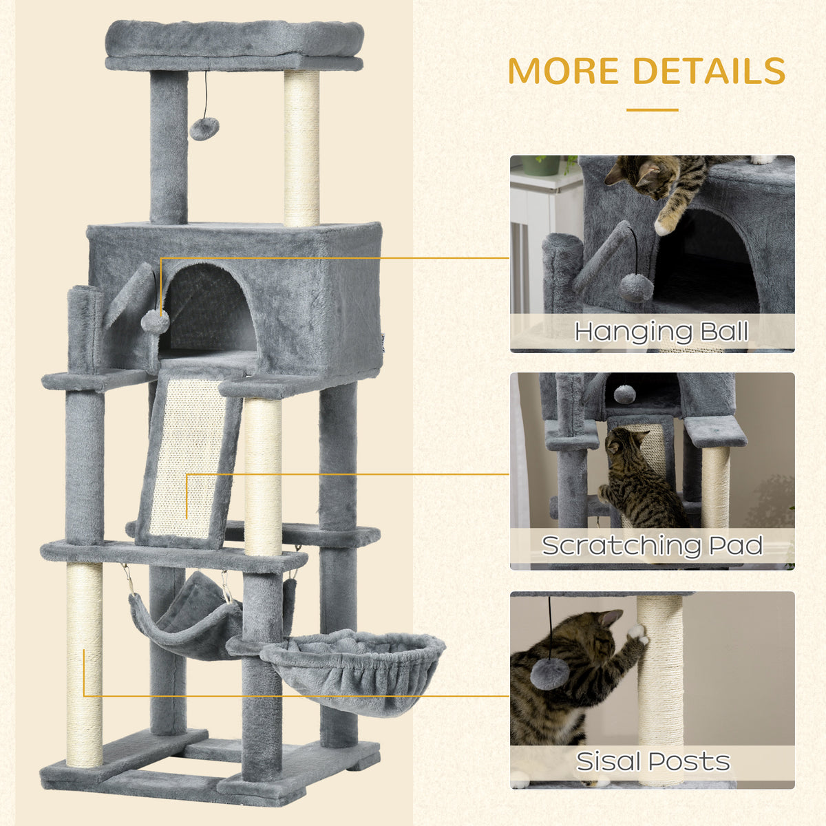 55" Multi-Level Cat Tree with Condo and Scratching Posts - Grey-Cats-DECOROLALA