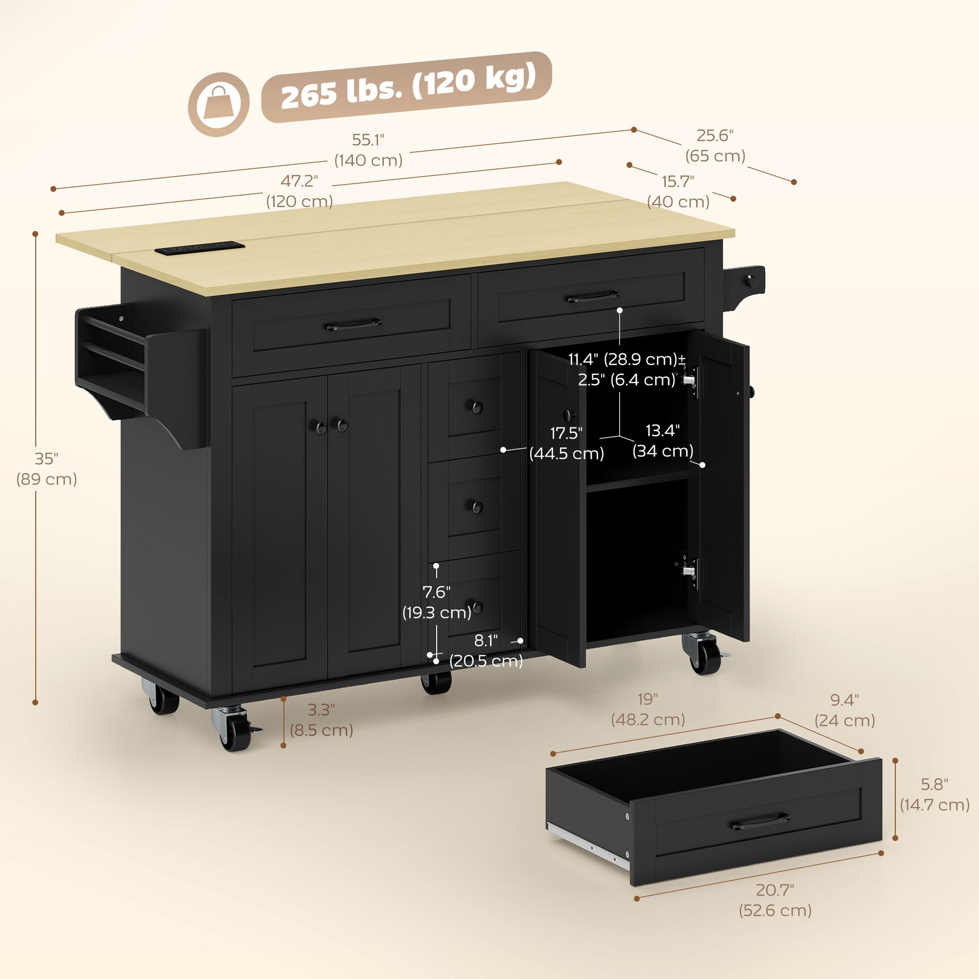 55" Rolling Kitchen Island with Power Outlet & Drop Leaf - Black-DECOROLALA