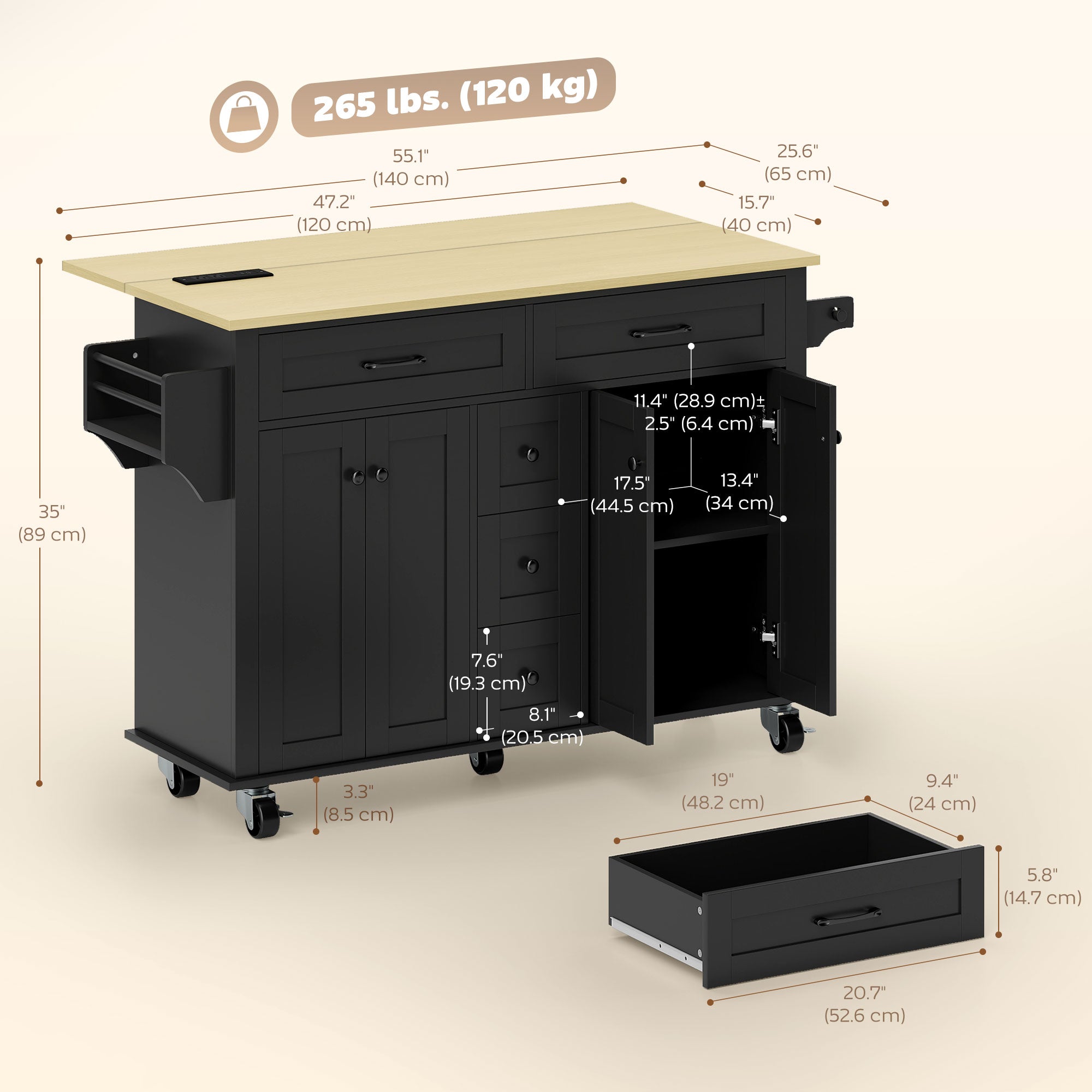 55" Rolling Kitchen Island with Power Outlet & Drop Leaf - Black-DECOROLALA