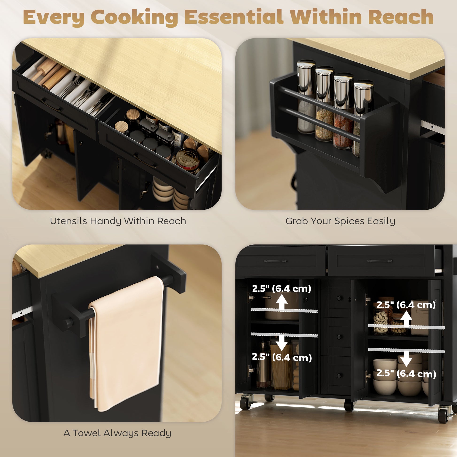 55" Rolling Kitchen Island with Power Outlet & Drop Leaf - Black-DECOROLALA