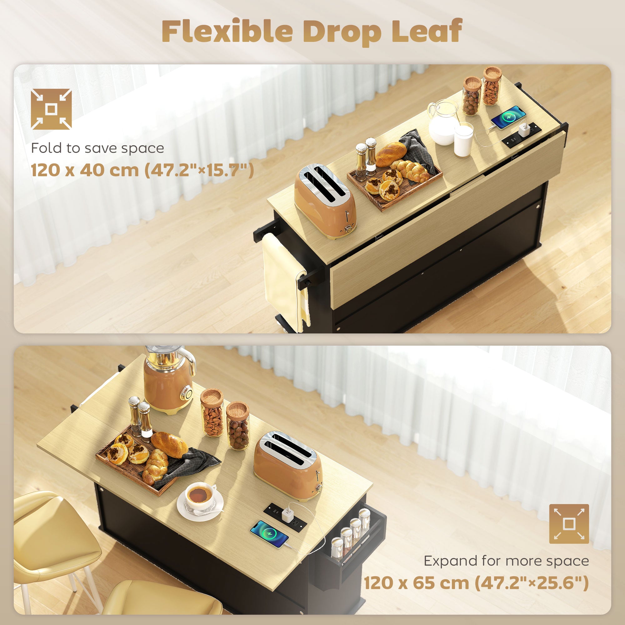 55" Rolling Kitchen Island with Power Outlet & Drop Leaf - Black-DECOROLALA