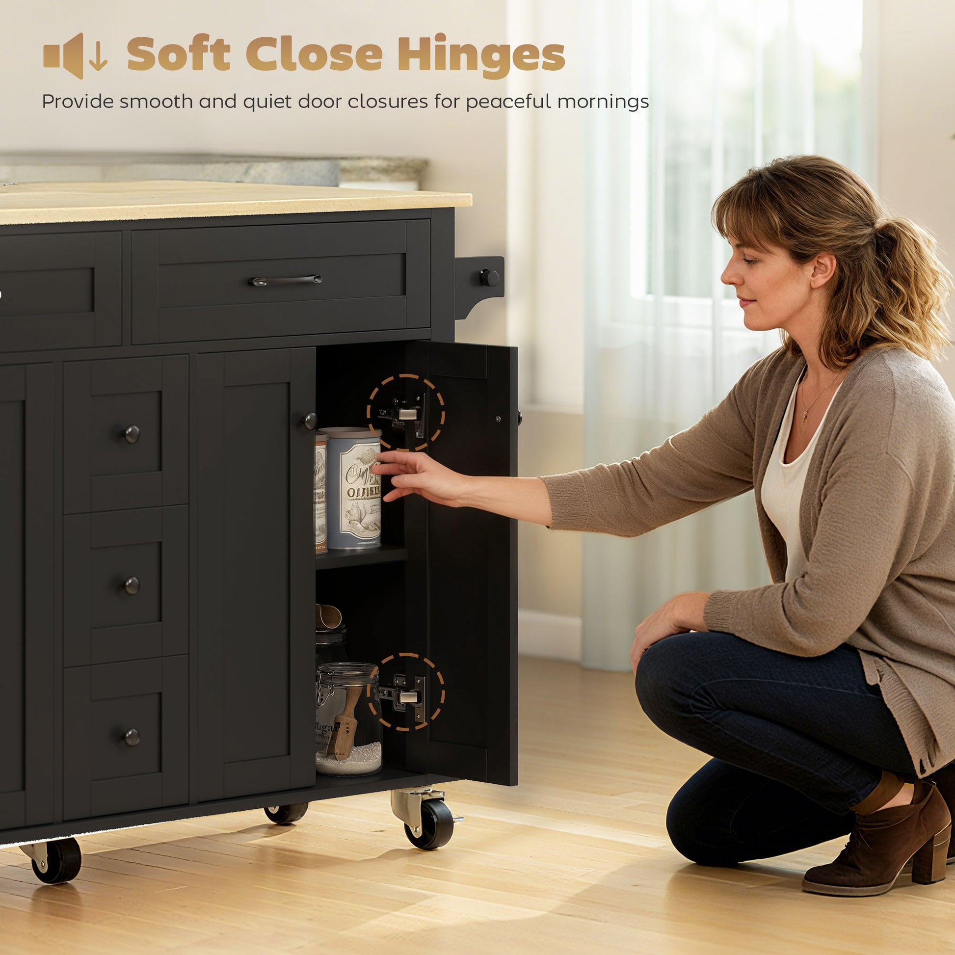 55" Rolling Kitchen Island with Power Outlet & Drop Leaf - Black-DECOROLALA