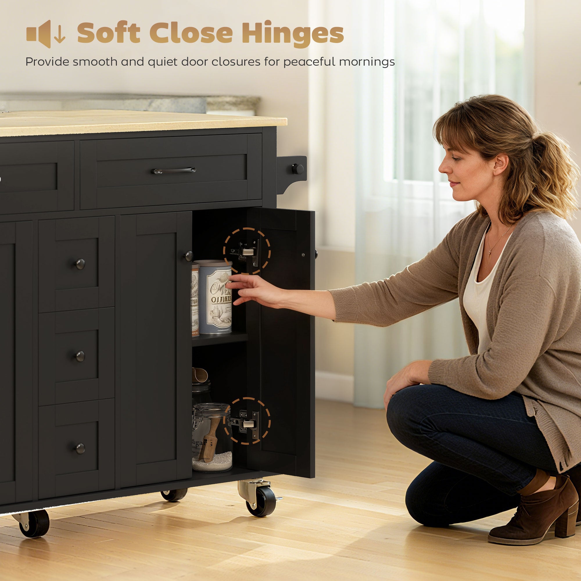 55" Rolling Kitchen Island with Power Outlet & Drop Leaf - Black-DECOROLALA