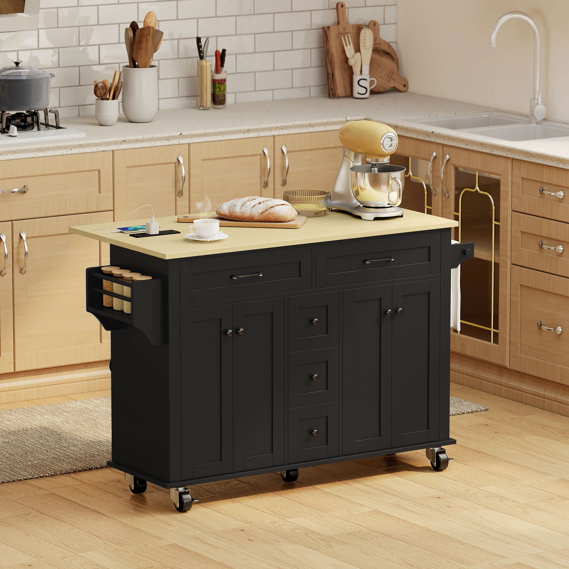55" Rolling Kitchen Island with Power Outlet & Drop Leaf - Black-DECOROLALA