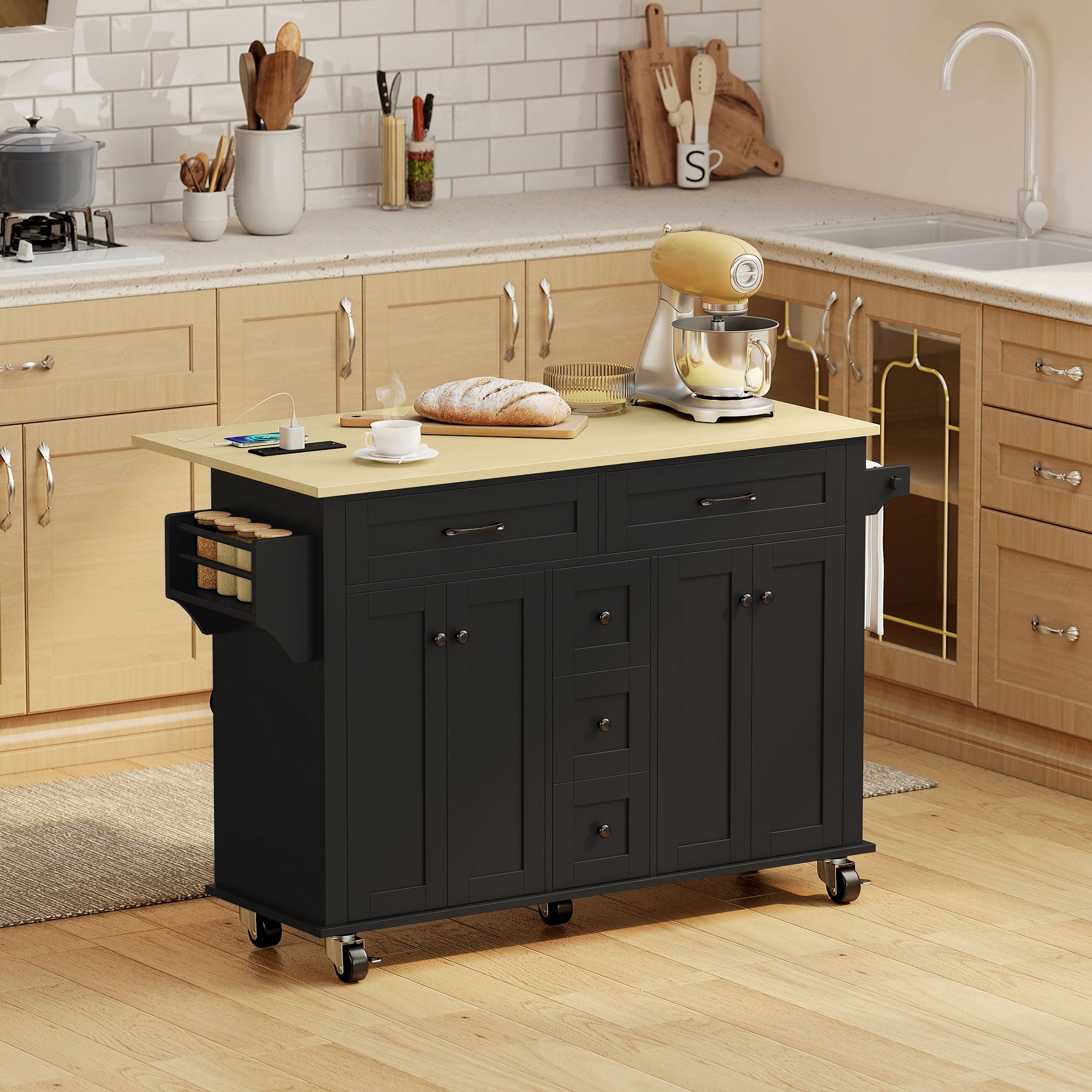 55" Rolling Kitchen Island with Power Outlet & Drop Leaf - Black-DECOROLALA